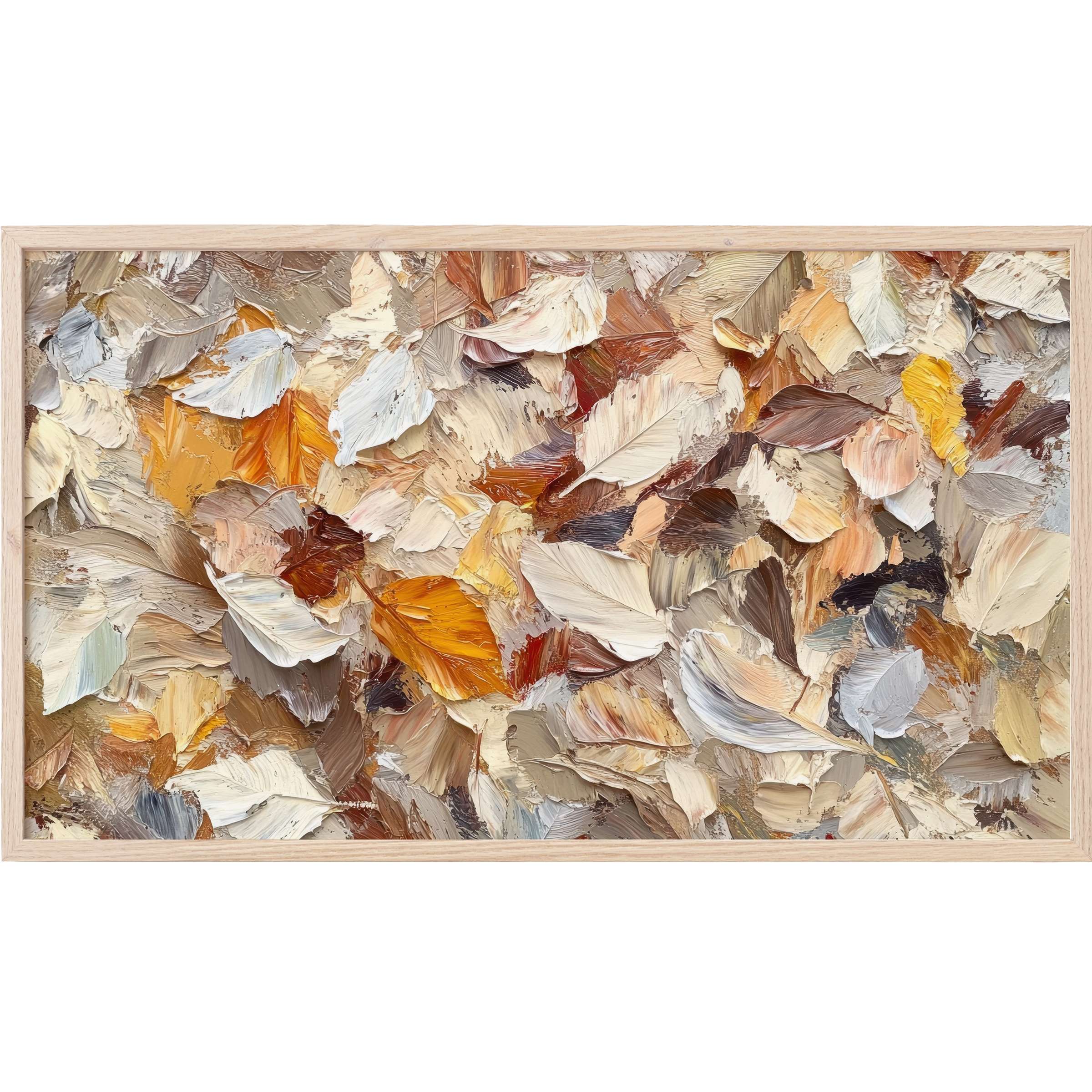 Textured palette knife leaves in warm neutrals and amber tones form a chic Fall Frame TV Art for modern interiors