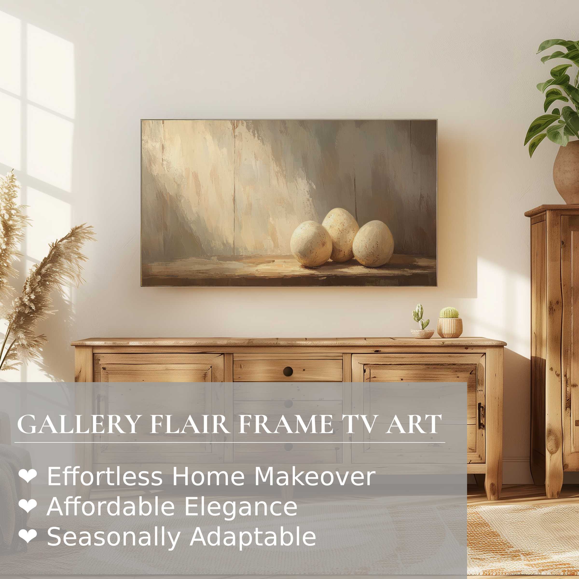 Samsung Frame TV displaying elegant easter digital artwork of eggs in muted, modern rustic home decor setting