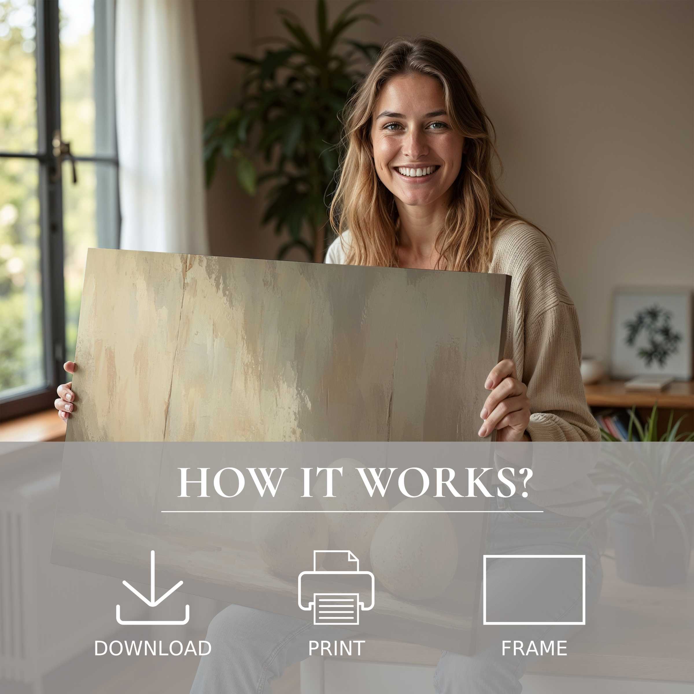 A woman in a serene, sunlit modern home radiates joy while embracing an elegant easter digital art print, embodying effortless artful living
