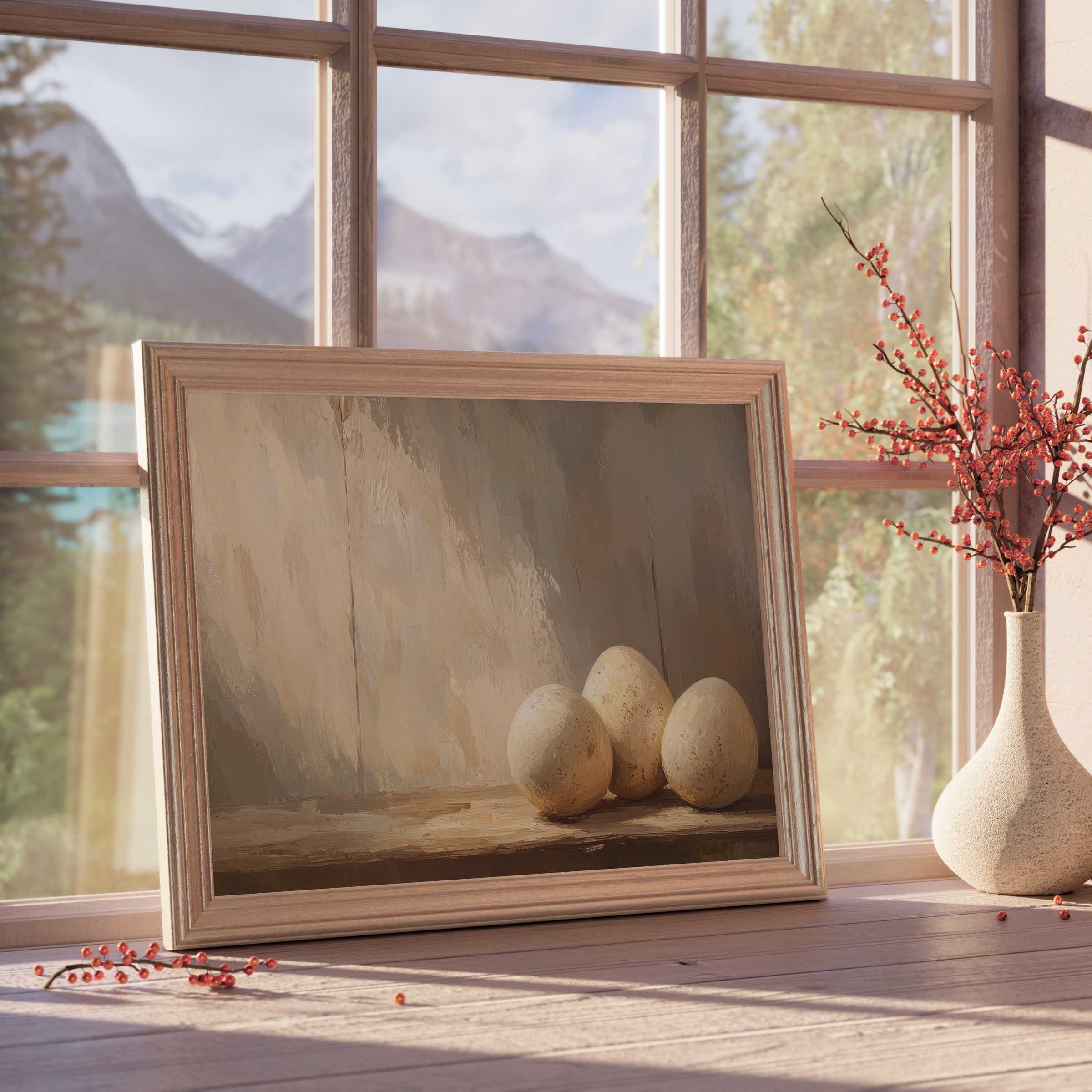 Easter downloadable art featuring textured neutral eggs in serene still life, perfect for curated, tranquil, design-forward interiors
