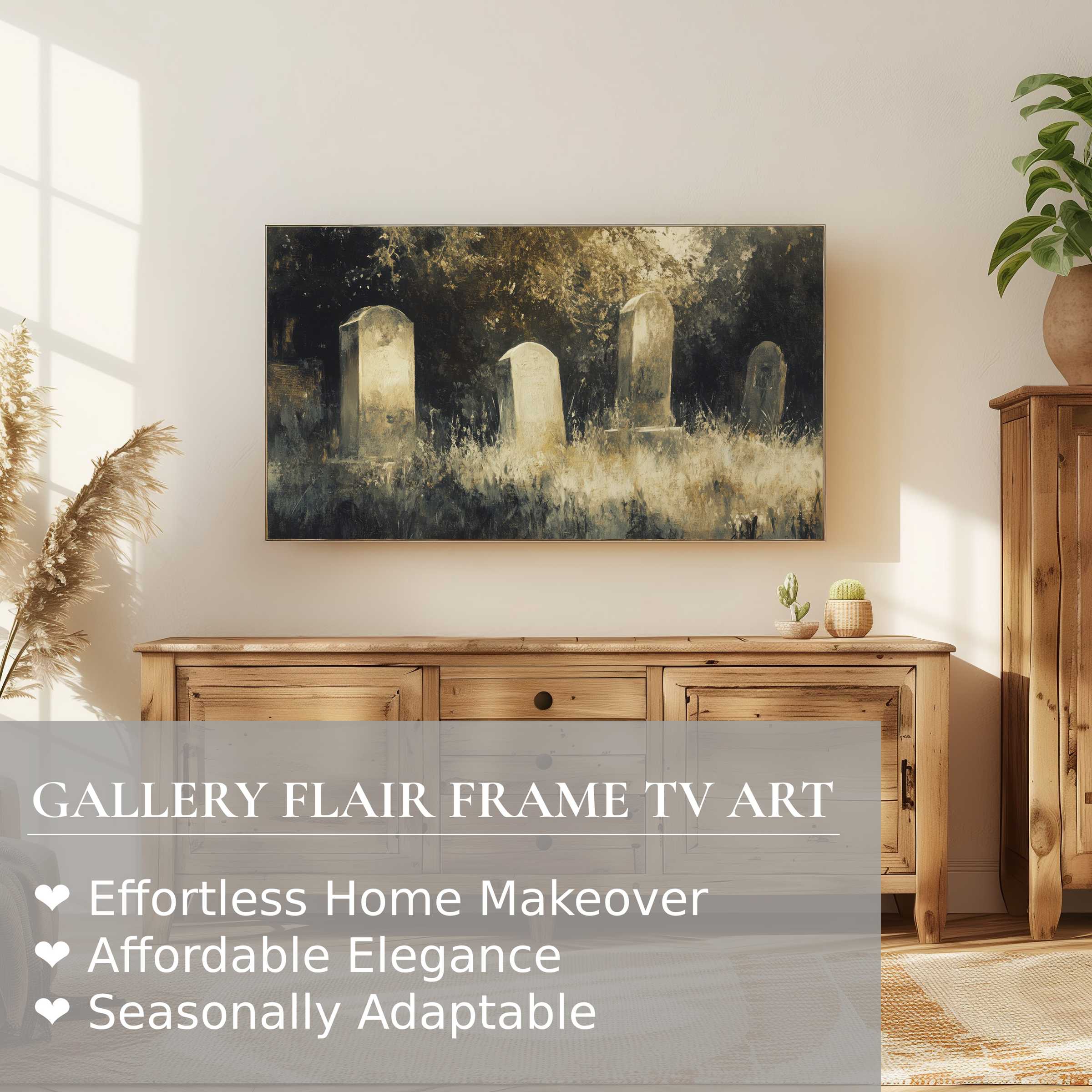 Elegant Halloween digital artwork of tombstones on Samsung Frame TV in a warm, modern living room setting
