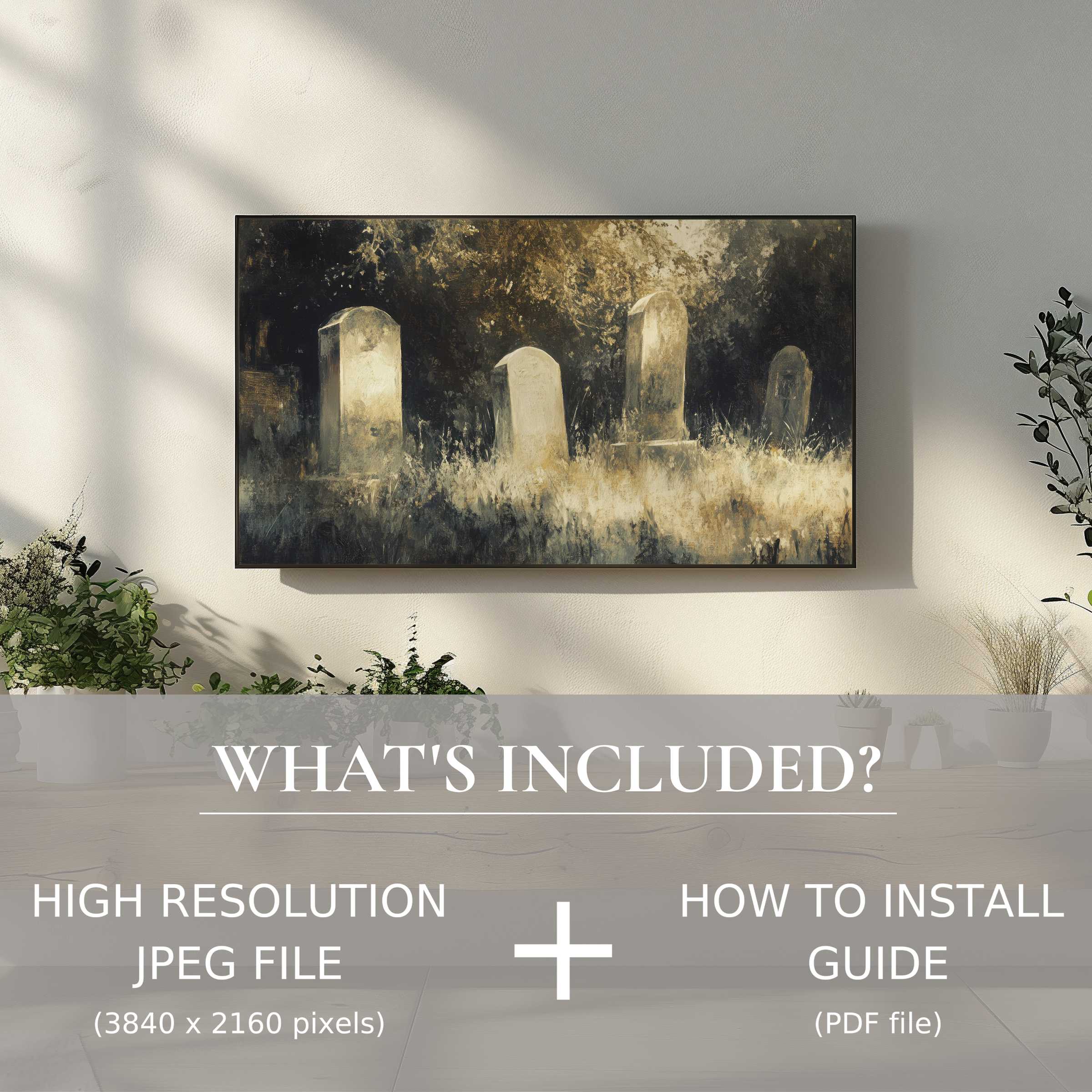 Elegant Halloween digital TV art download of tombstones, enhancing living space with easy digital use and modern style