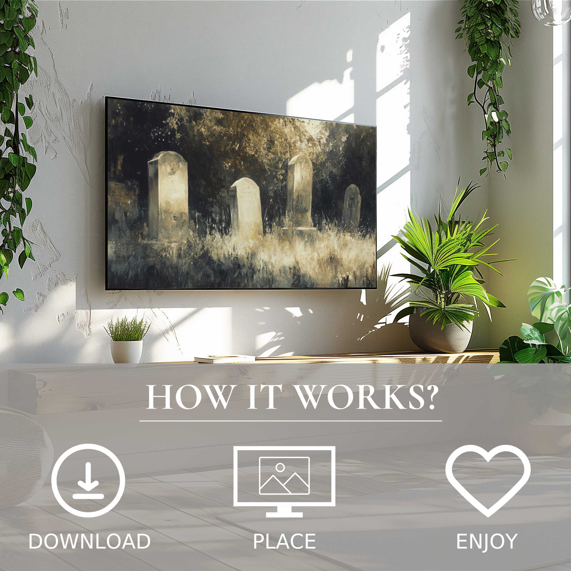 Modern living room with digital download ease; Halloween art for Samsung TV shows soft, eerie tombstones enriching space