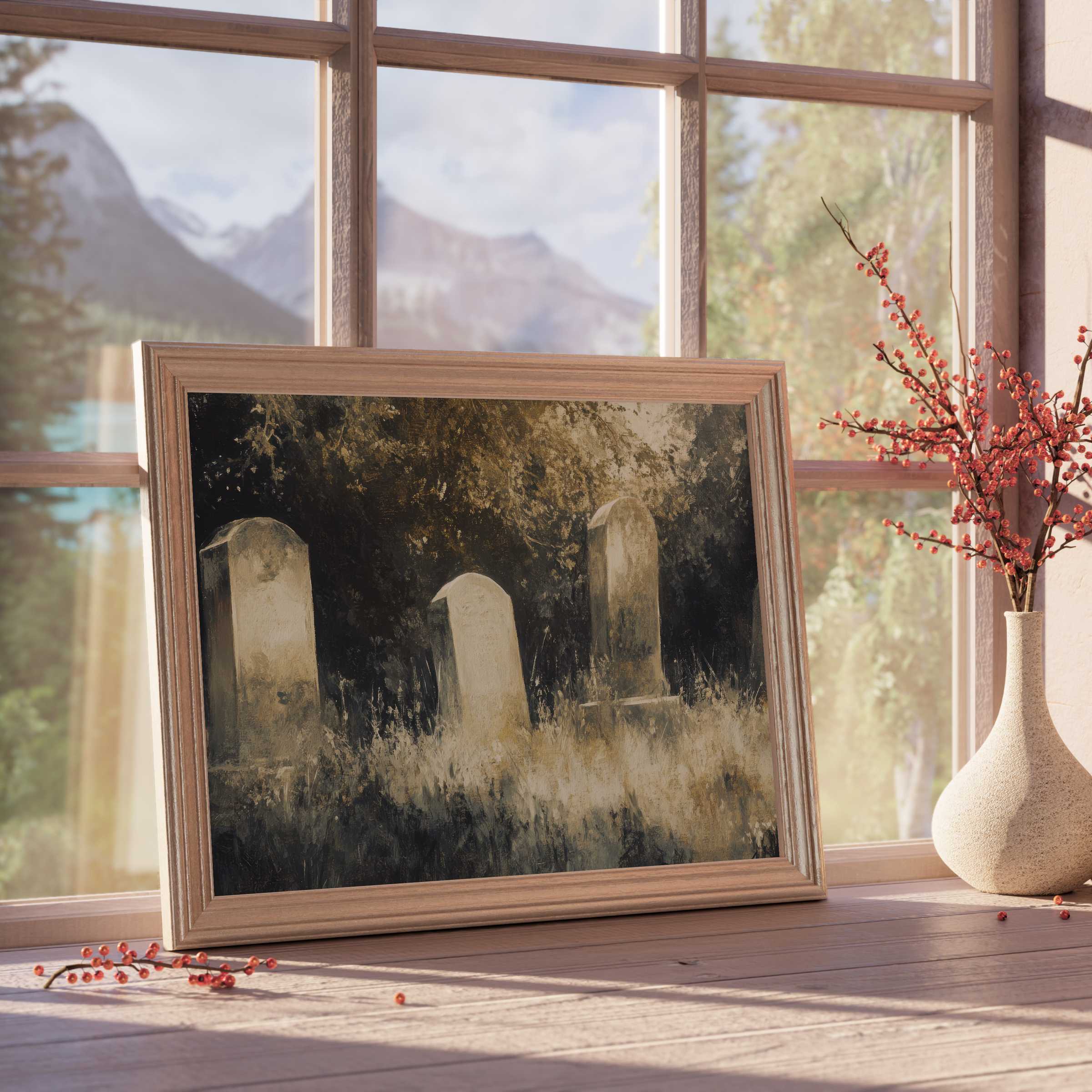 Evoke a serene autumnal mystery with this Halloween downloadable art, featuring muted tombstones in a warm, rustic frame-ideal for curated, tranquil interiors