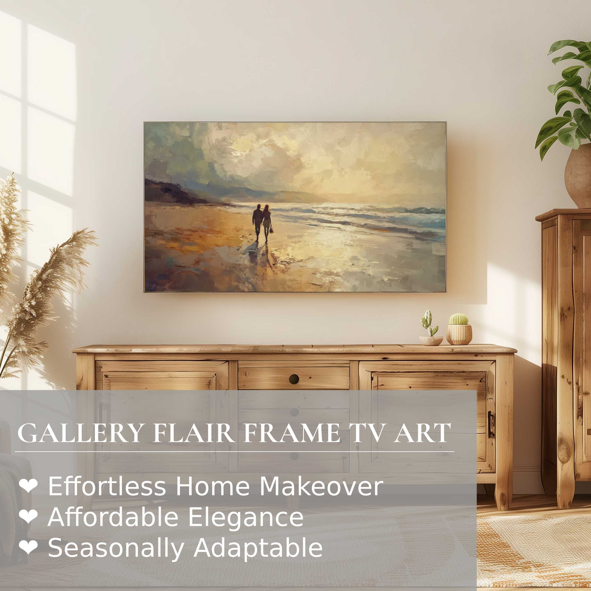 Samsung Frame TV displaying serene beach digital artwork, modern coastal elegance in a warm, sunlit living space
