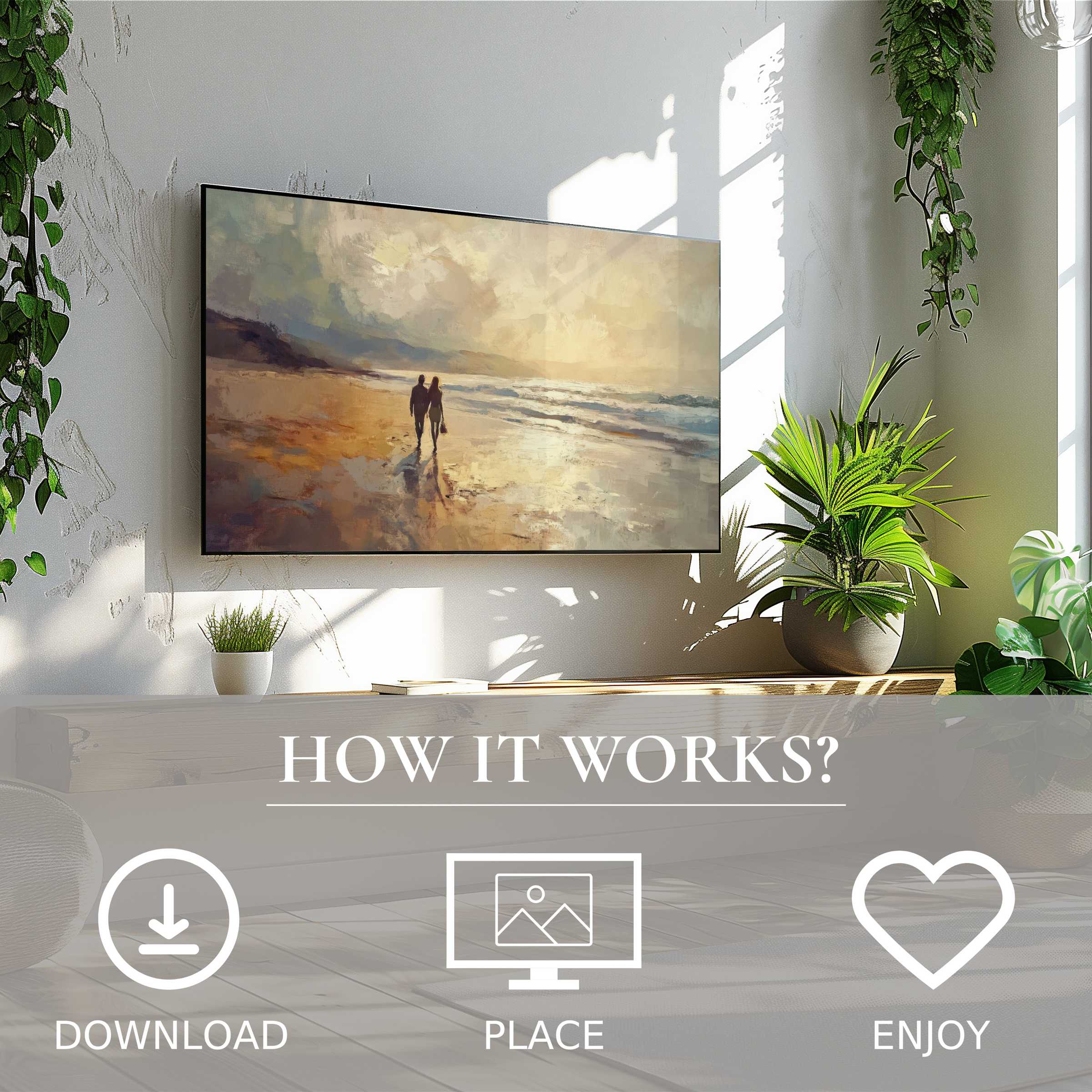 Bright living room with beach art for Samsung TV in soft sunset tones; easy digital download enriches space