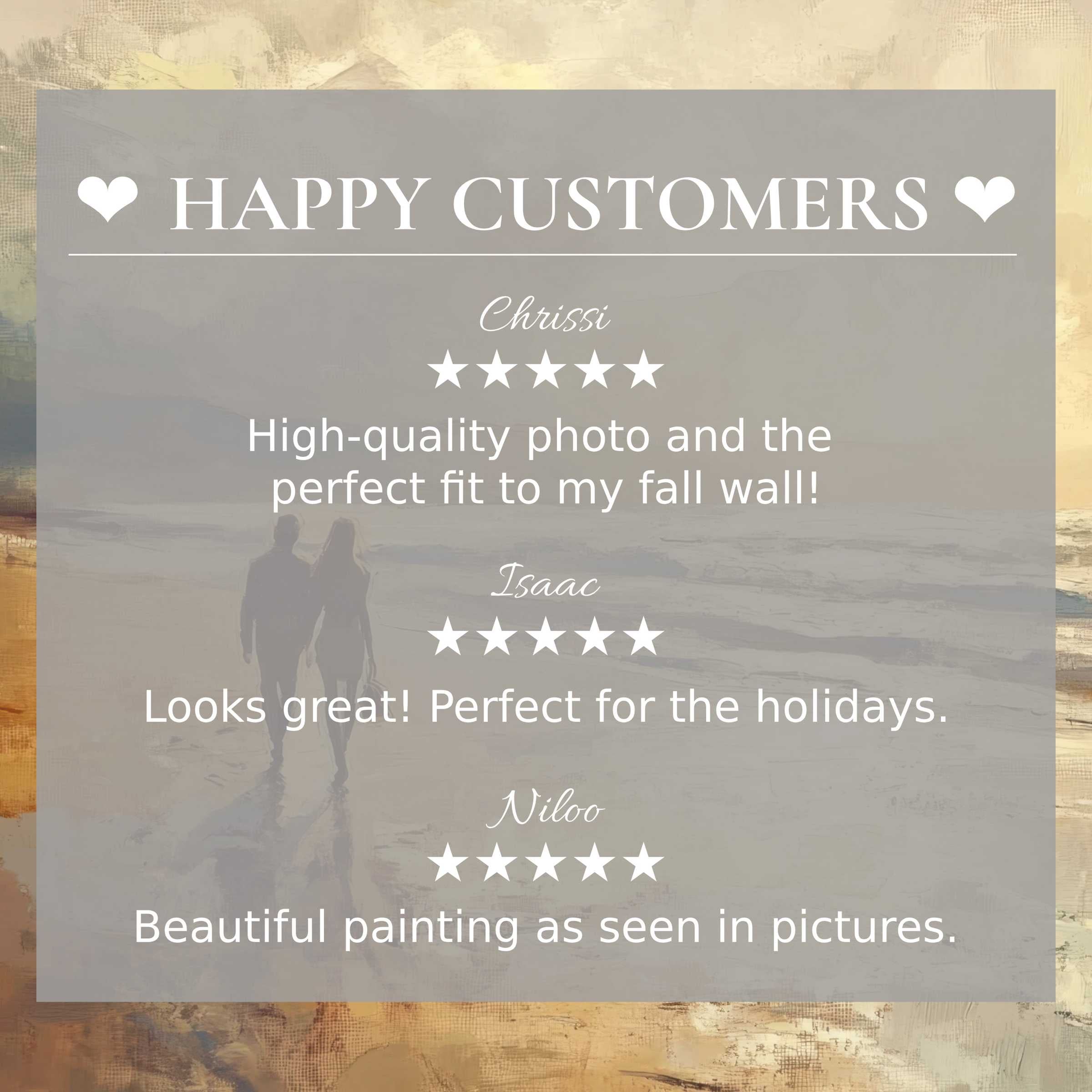 Beach art for Frame TV with abstract sunset tones and happy customer reviews highlights trust and elegant design