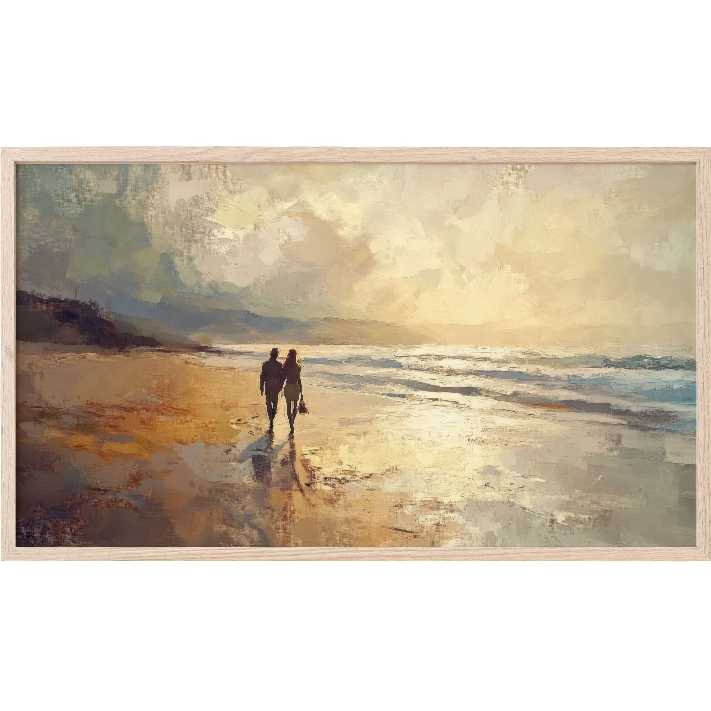 Serene beach scene with warm golden hues and soft brushstrokes, perfect for beach Frame TV Art decor