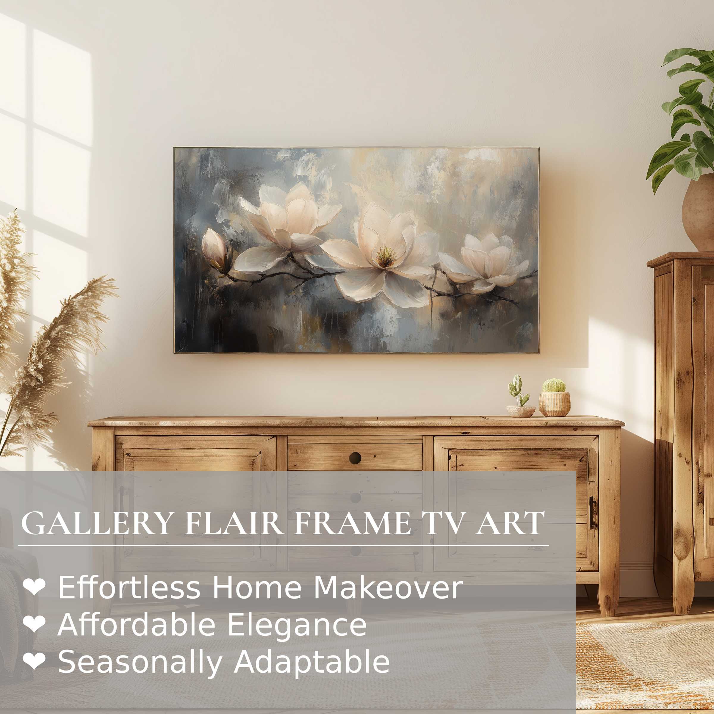 Samsung Frame TV showcasing botanical digital artwork of soft magnolias in a modern, sunlit wooden interior