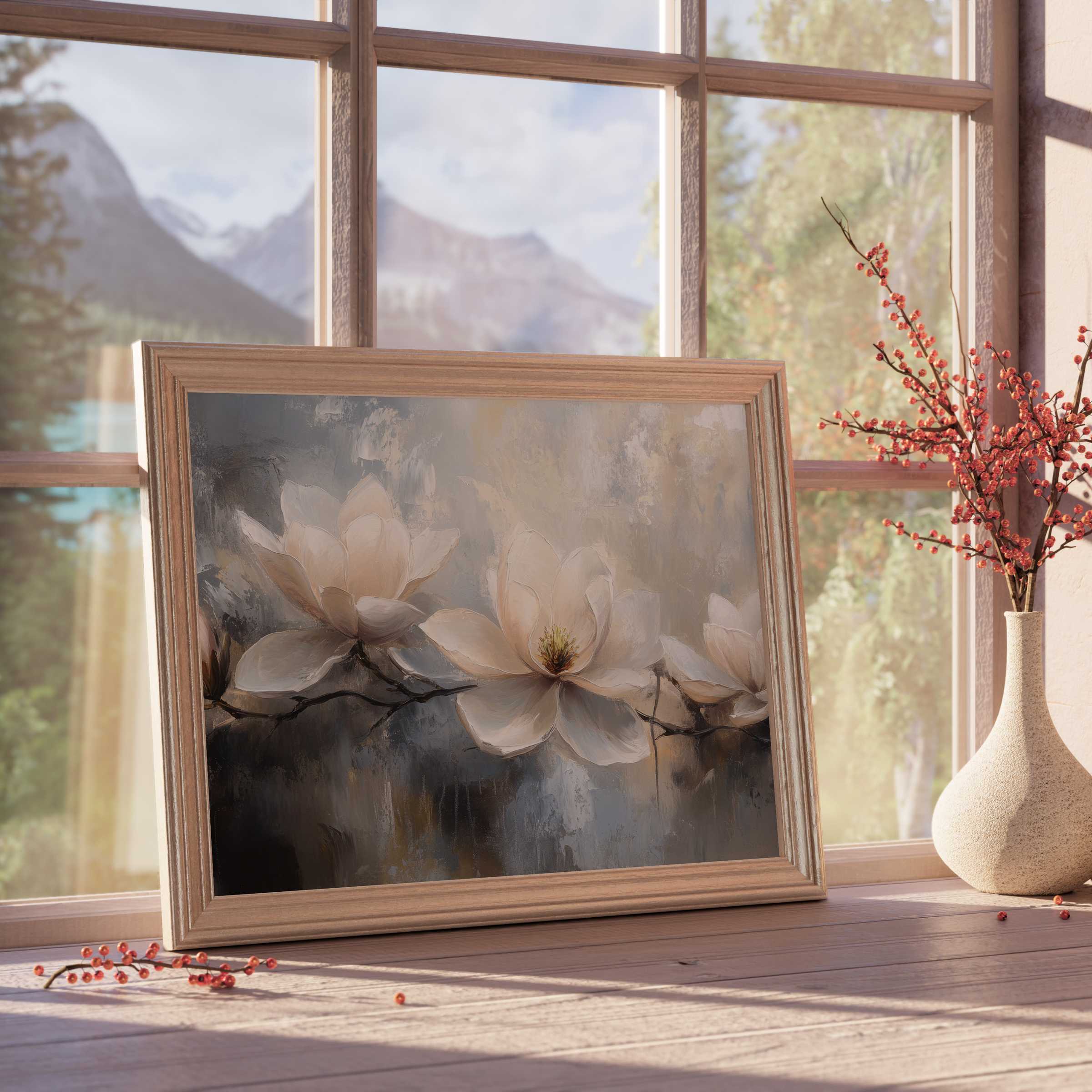 Botanical downloadable art showcasing elegant magnolia blooms in soft neutrals, elevating tranquil, curated modern interiors
