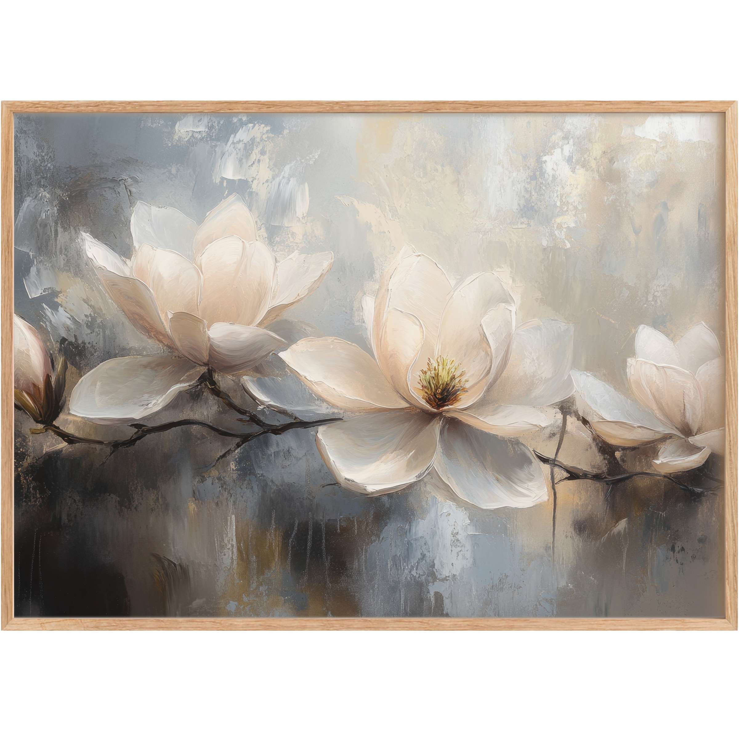 Botanical printable wall art showcasing creamy magnolias against muted blues and greys, evoking serene elegance and subtle sophistication
