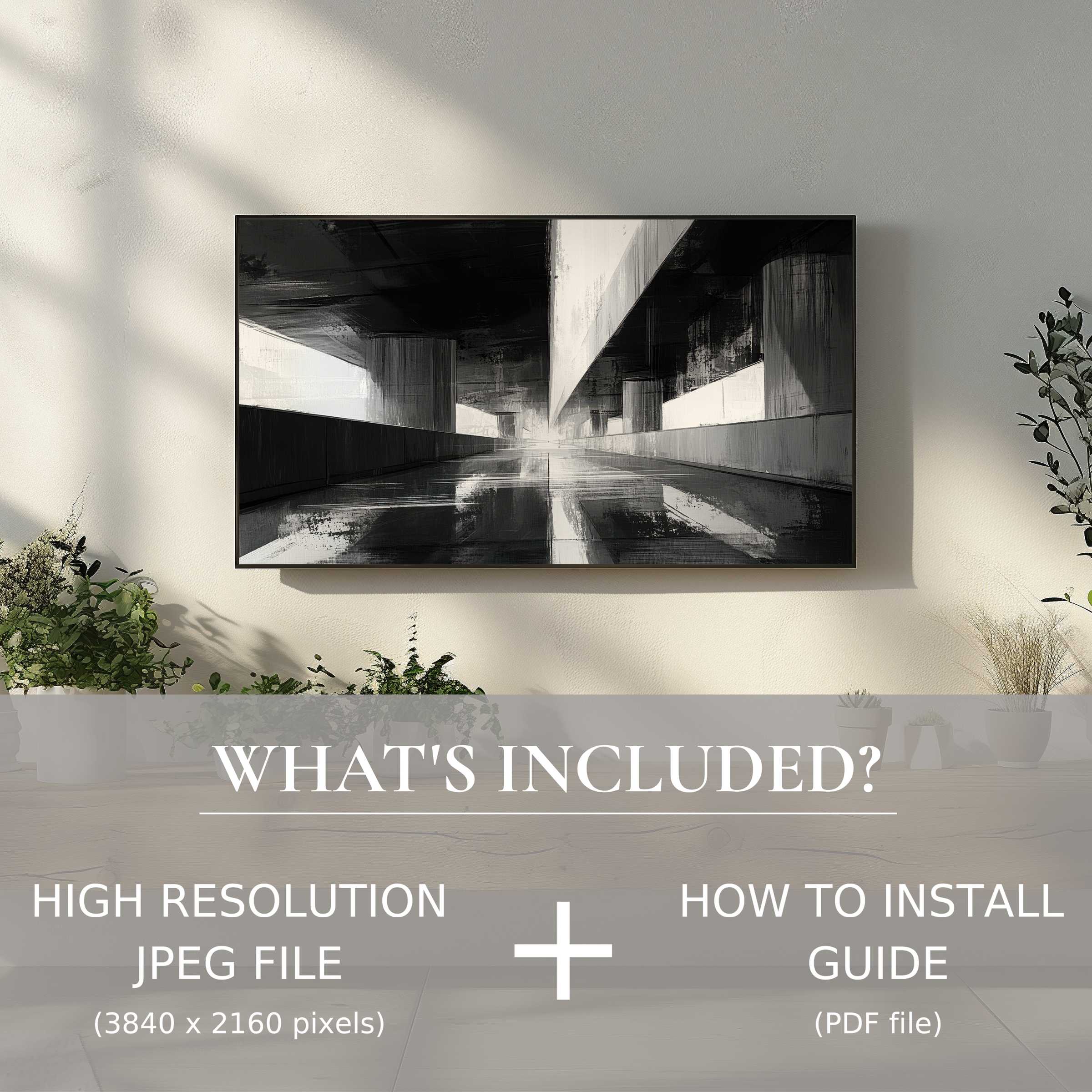 Elegant black and white digital TV art download, enhancing modern living spaces with easy, stylish digital use
