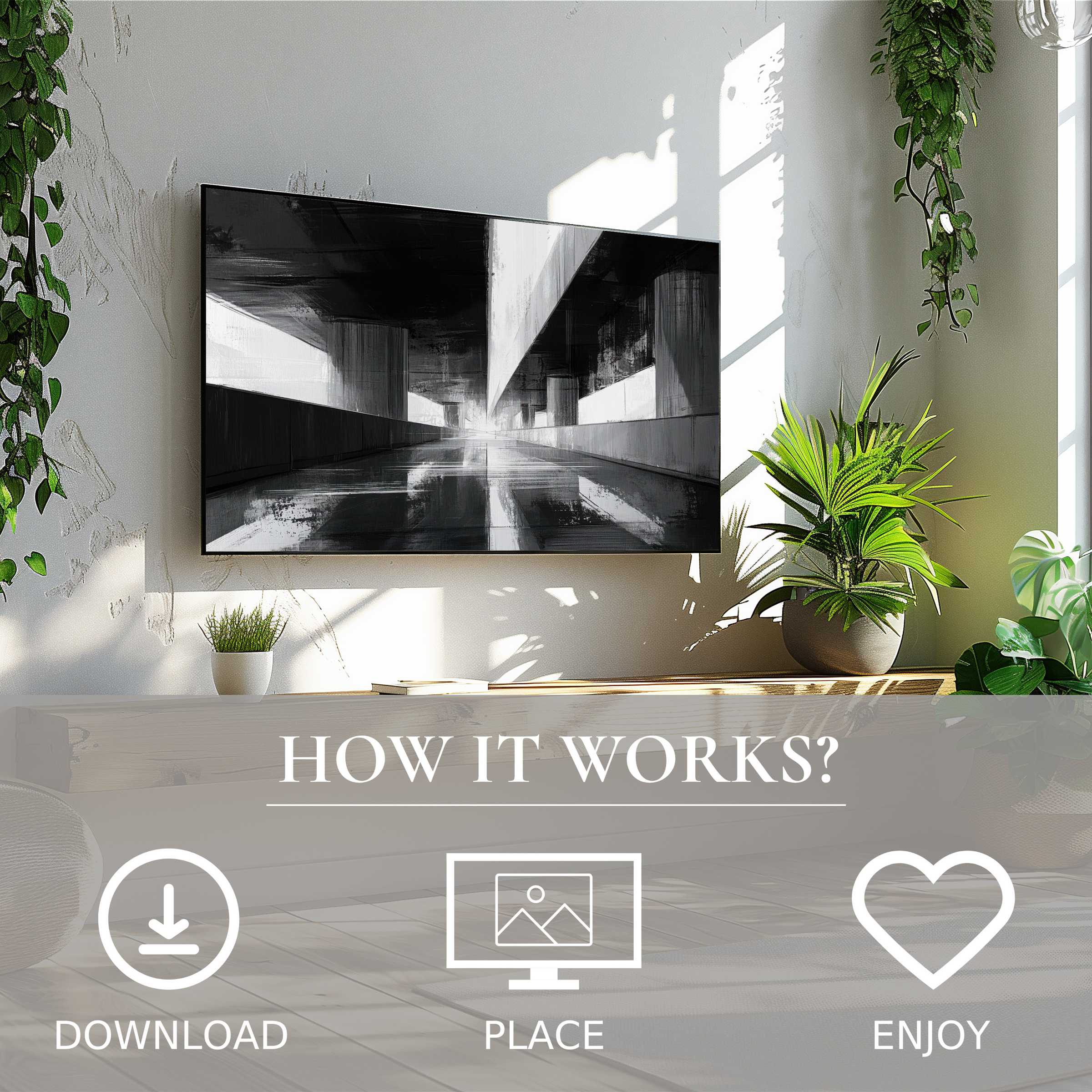 Black and white art for Samsung TV with abstract urban flow, easy digital download enriches modern living spaces