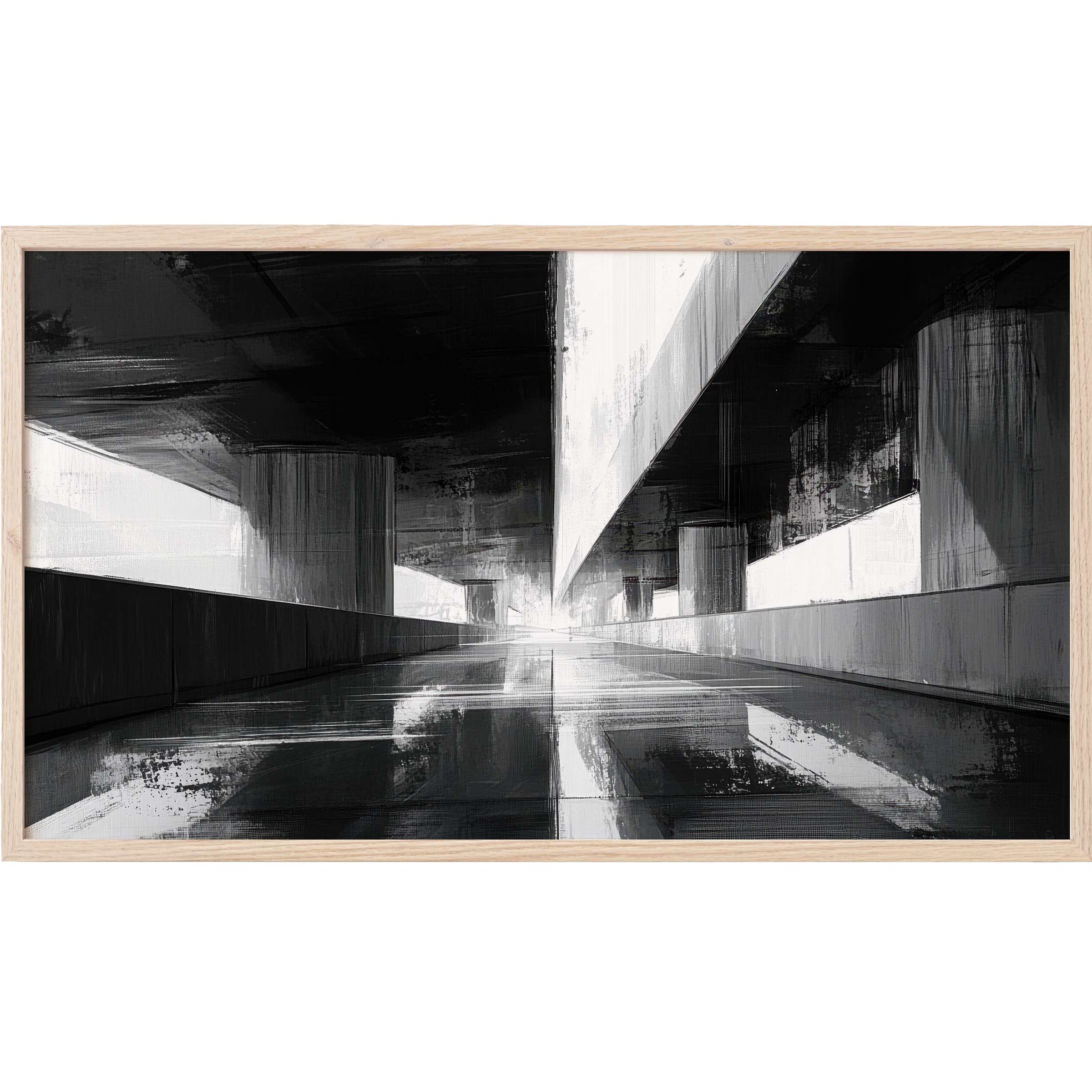 Sleek urban tunnel perspective in monochrome tones with strong contrasts in black and white Frame TV Art