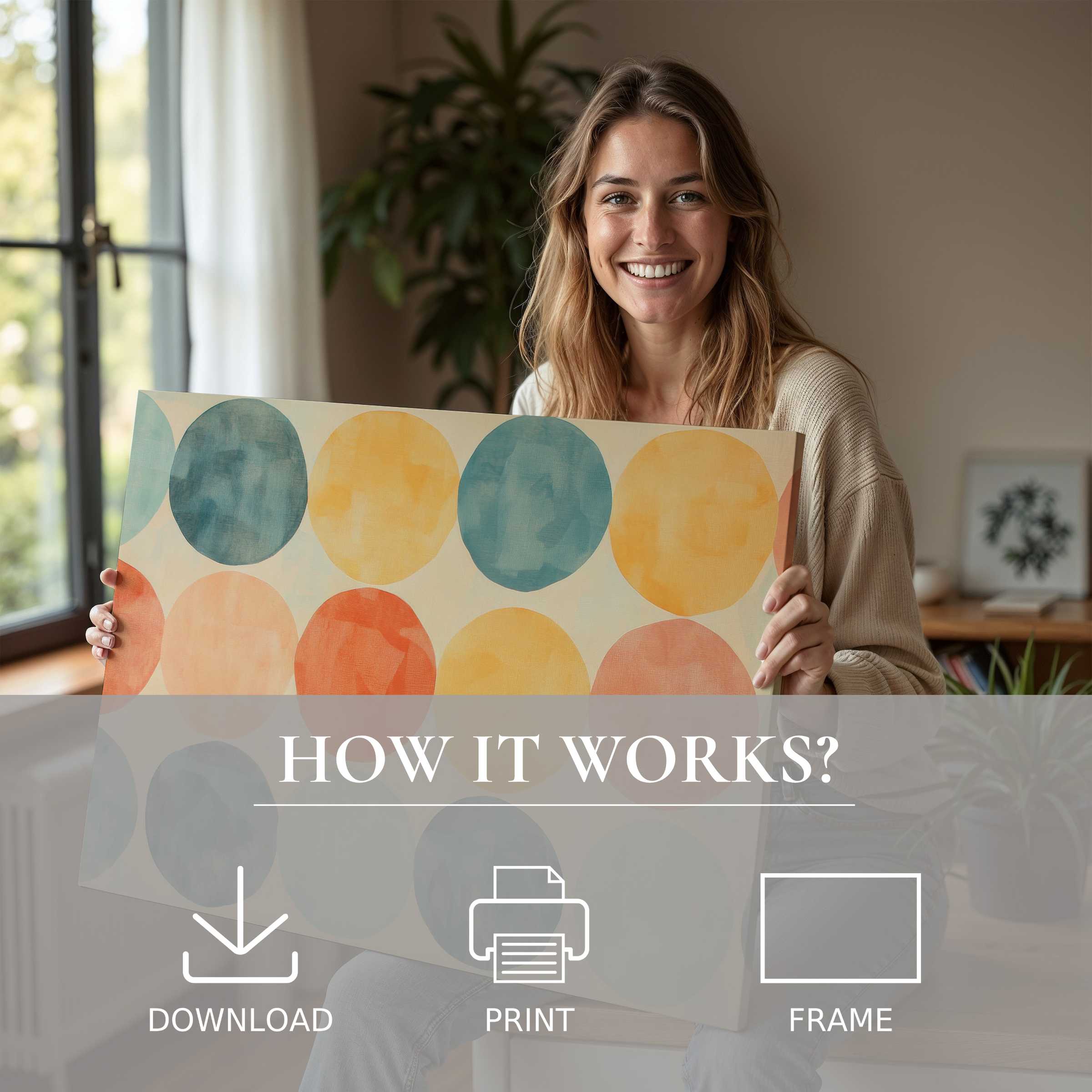 Joyful woman embraces minimalist digital art print with warm, calming circles, embodying effortless elegance in modern living