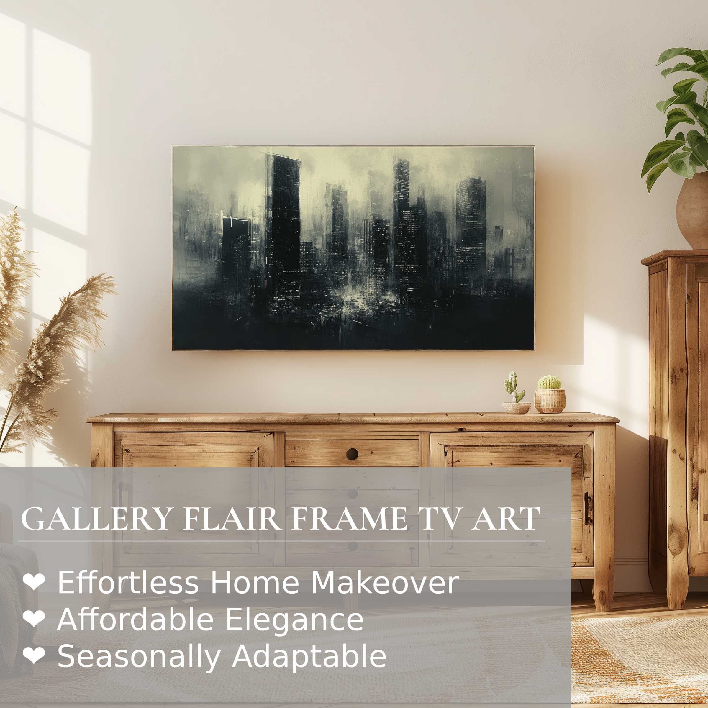 Samsung Frame TV showcases moody urban digital artwork in a sunlit minimalist room with natural wood accents