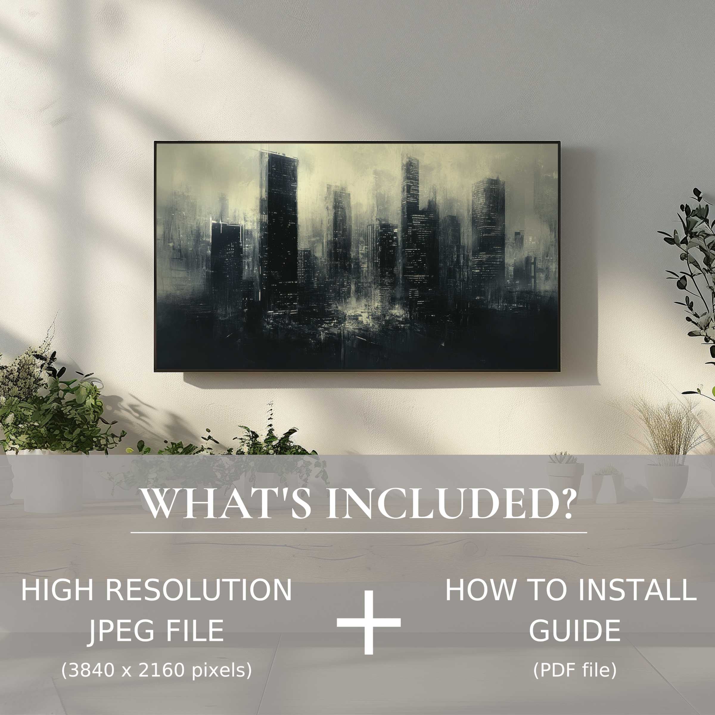 Elegant urban digital TV art download elevates modern living spaces with easy digital use and captivating cityscape ambiance