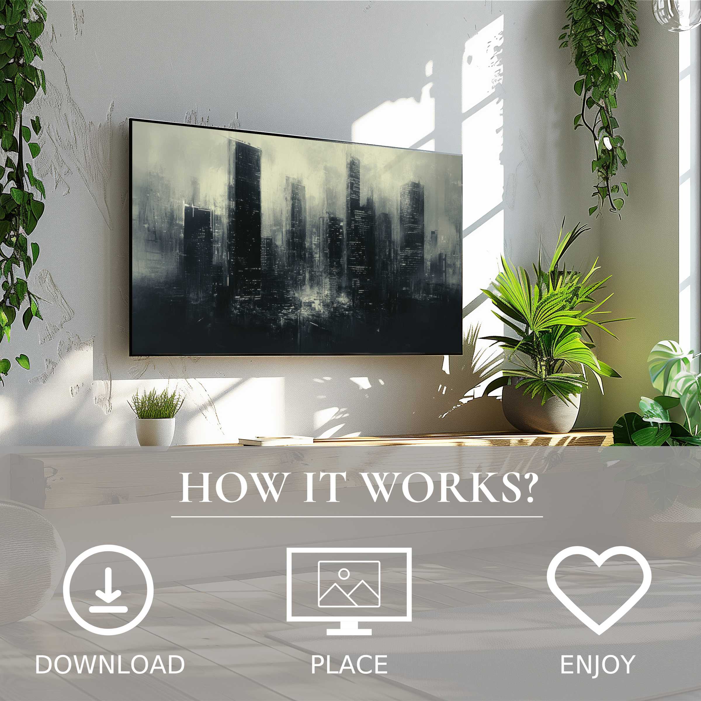 Urban art for Samsung TV shows moody cityscape in grayscale, easy digital download enriches modern living spaces