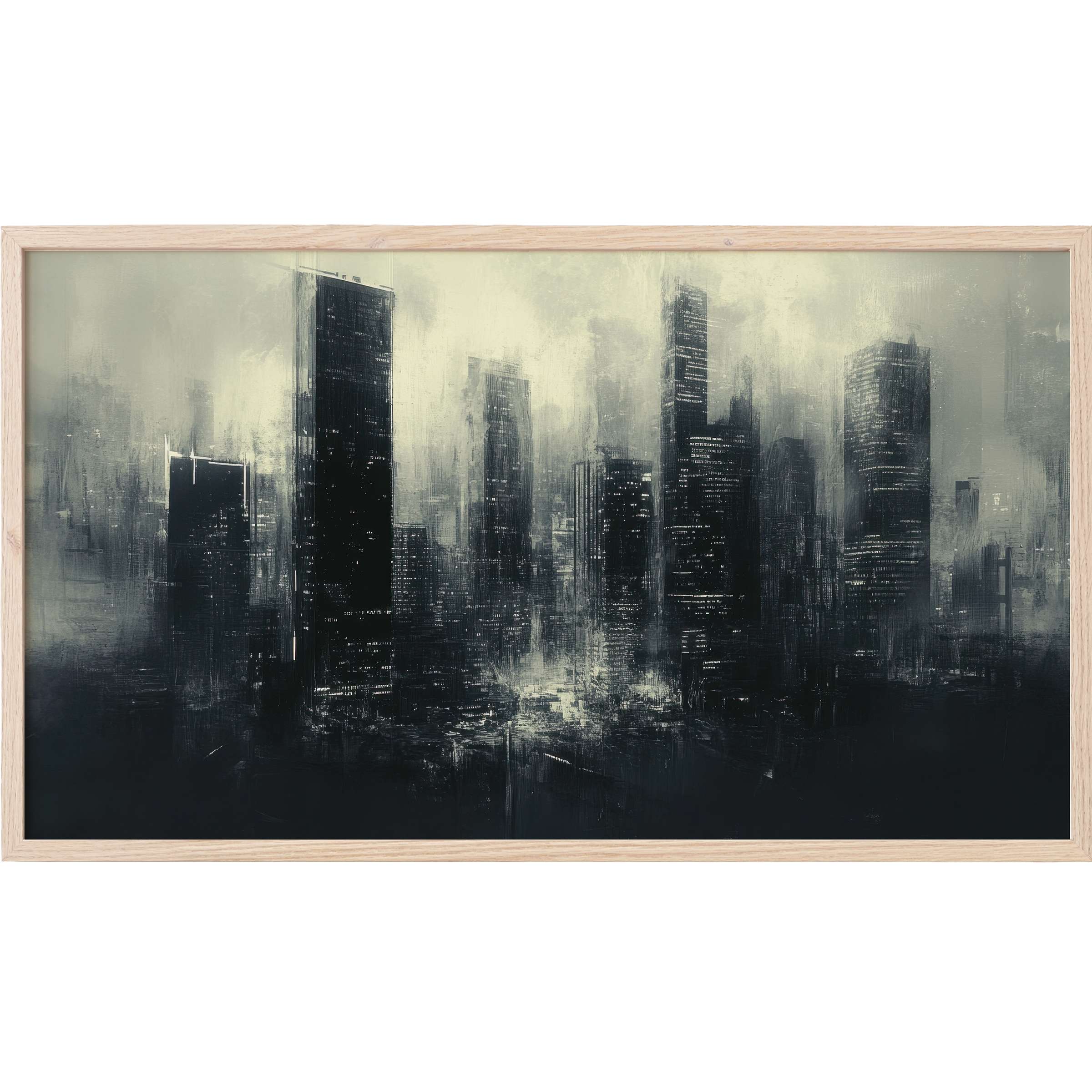 Urban Frame TV Art depicting a moody cityscape in muted grays and blacks, with a sleek, modern aesthetic