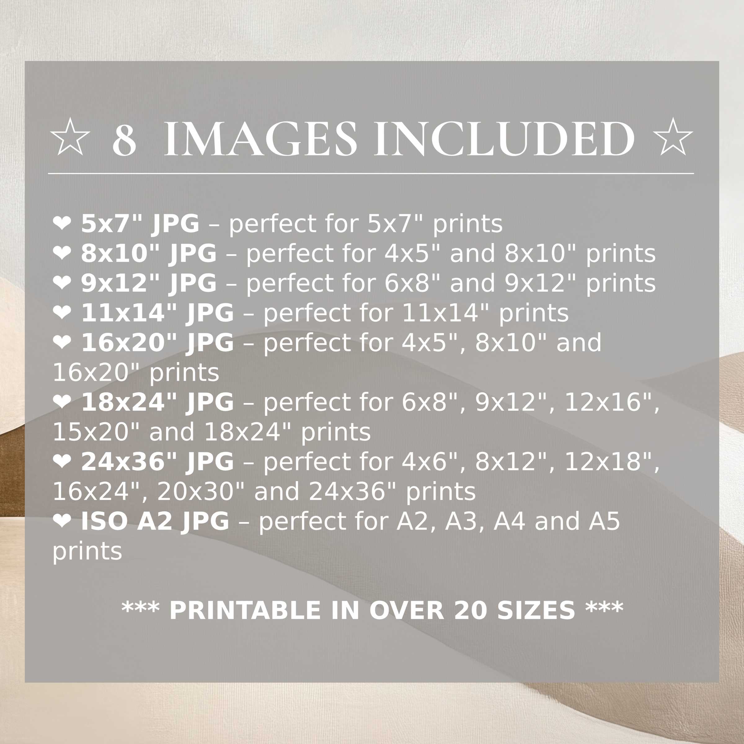 Neutral digital print radiates soothing beige and soft taupe tones, elevating modern interiors with style and 8 included sizes