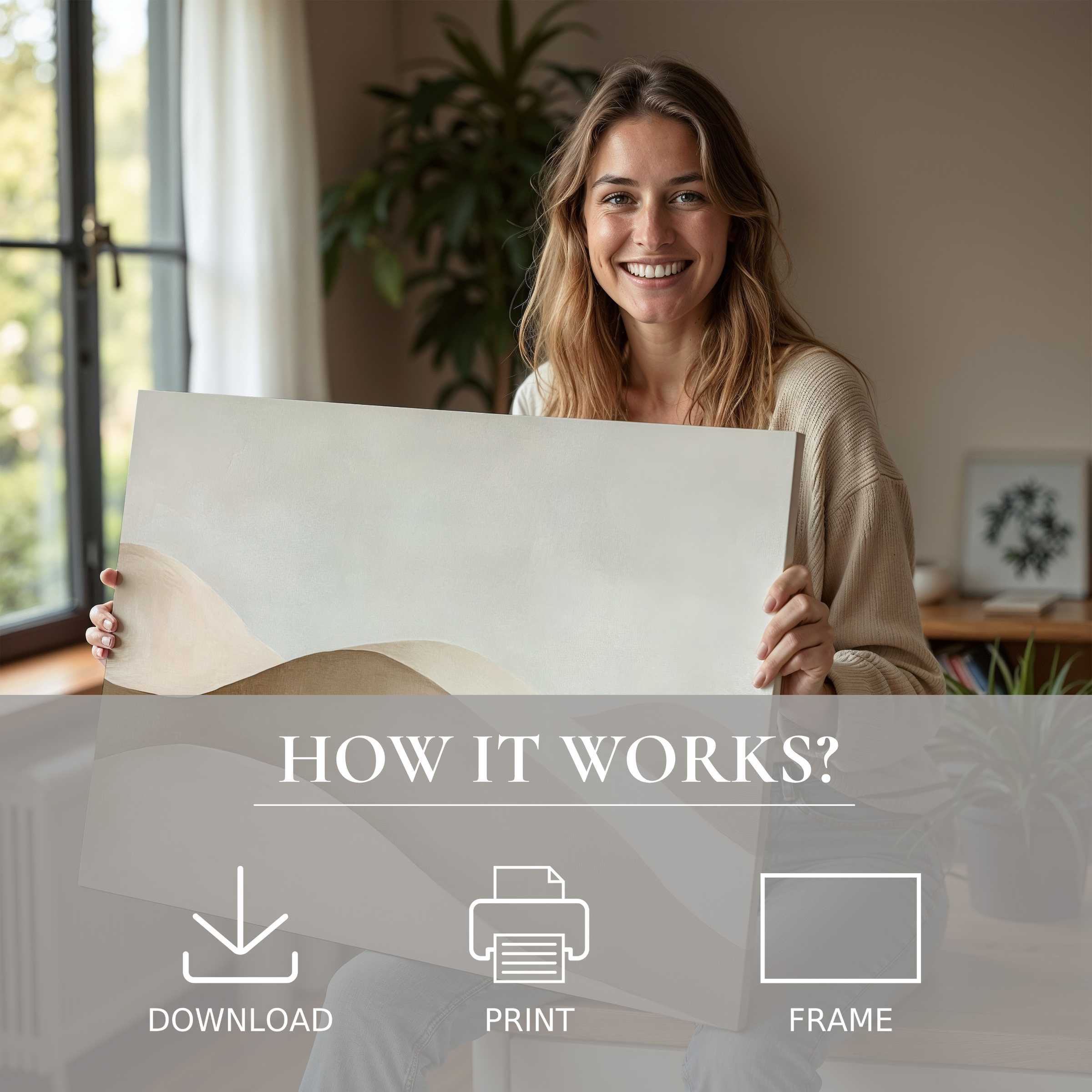 Radiating joy and calm, a woman embraces a neutral digital art print, embodying the effortless elegance of curated modern living