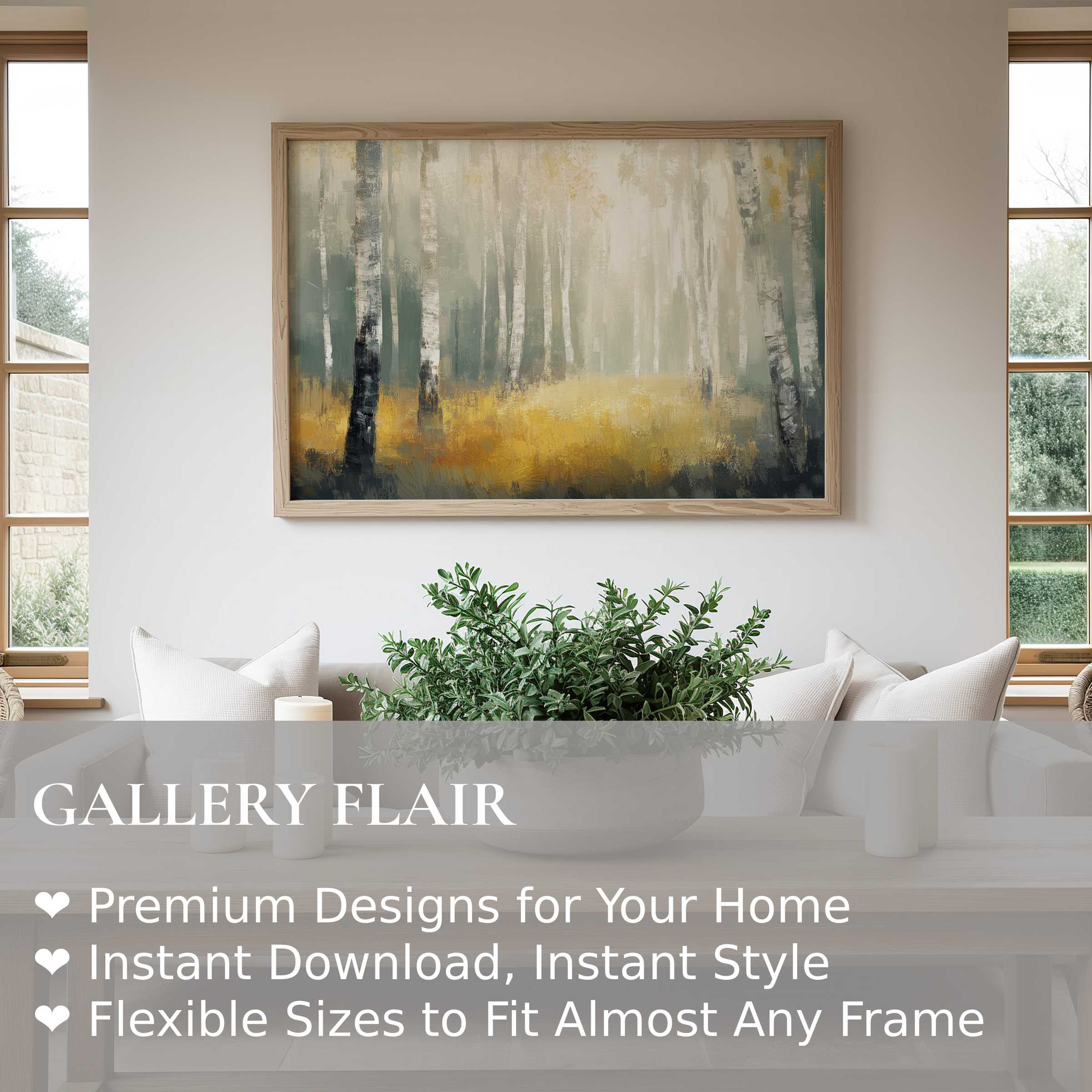Serene tree wall art print featuring a misty birch forest in soft grays and golden hues, elevating modern minimalist interiors