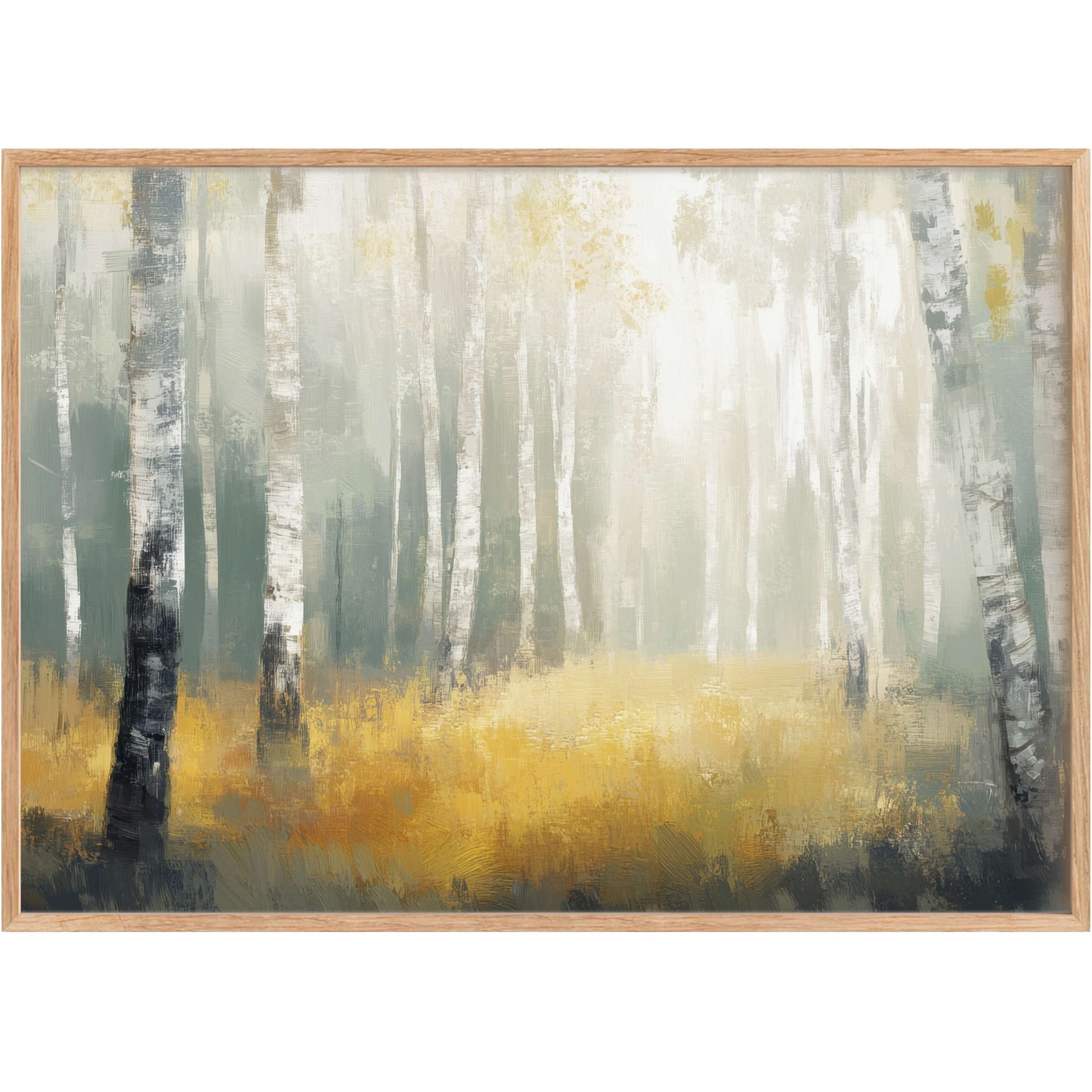 Serene tree printable wall art with soft birch trunks and warm golden grass, evoking tranquil elegance and natural harmony