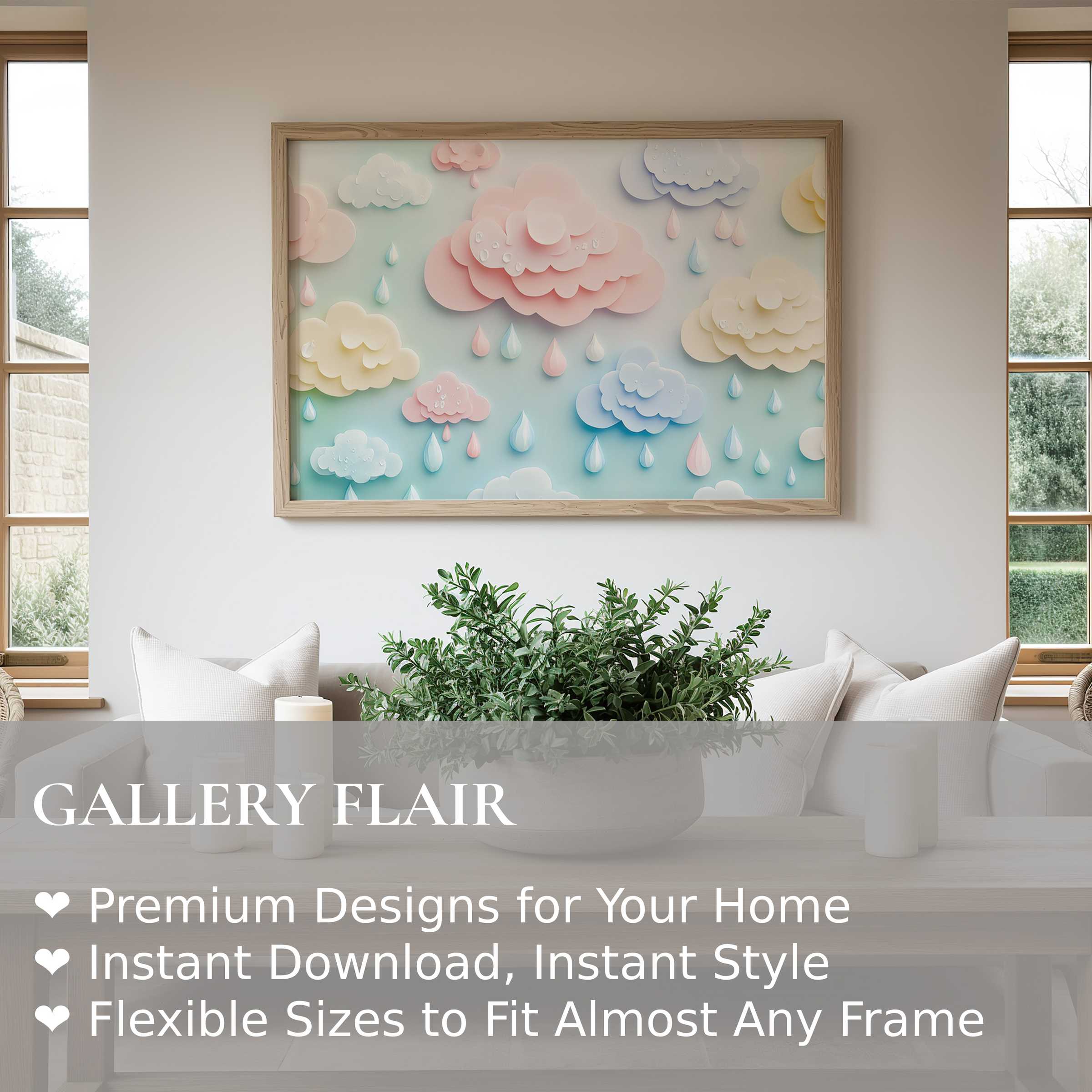Nursery wall art print featuring soft pastel clouds and raindrops, adding a calming, whimsical touch to modern, airy interiors