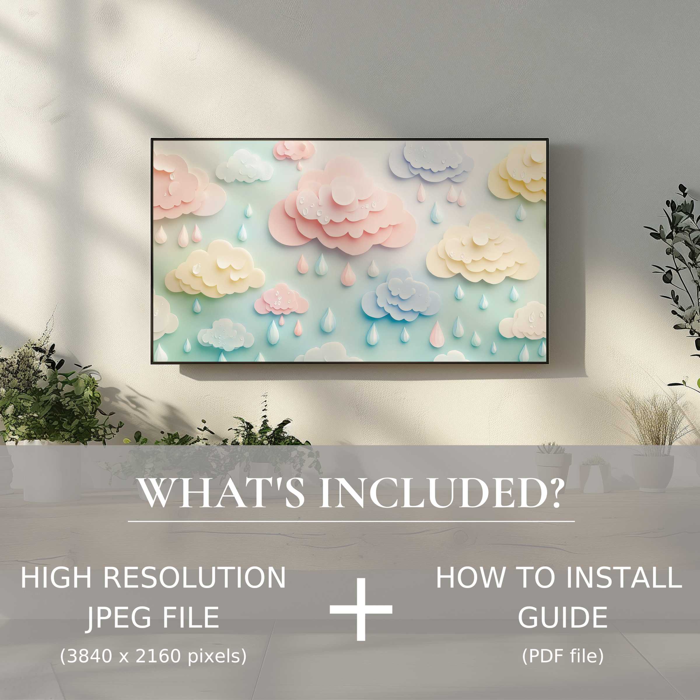 Elegant nursery digital TV art download features pastel clouds and raindrops, enhancing spaces with easy digital use