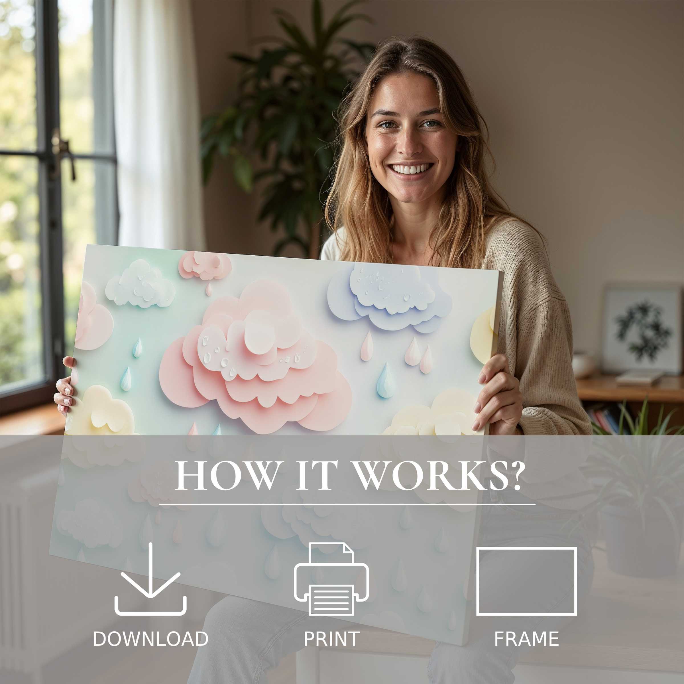 A joyful moment embracing nursery digital art print, where soft pastel clouds inspire serene warmth in a stylish modern home