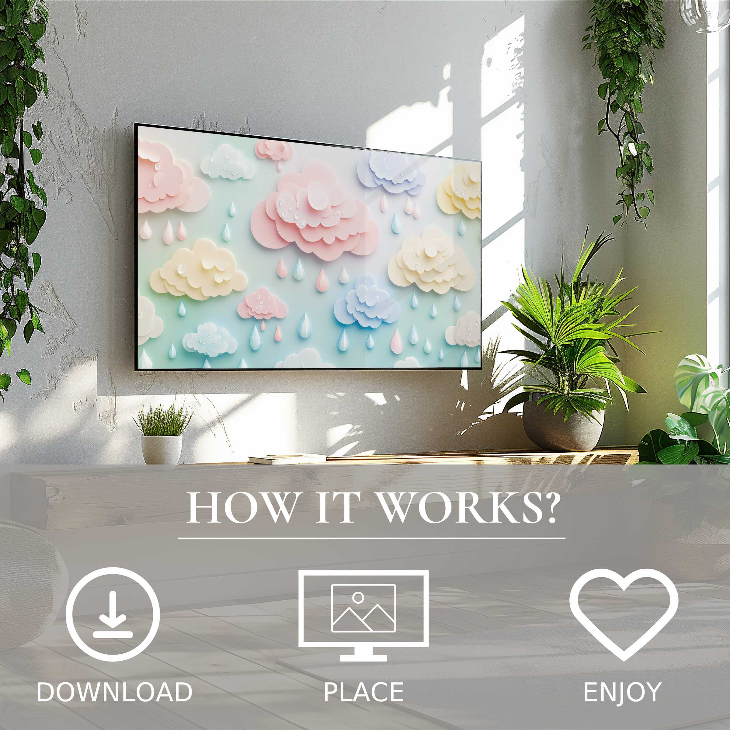 Modern nursery art for Samsung TV with soft pastel clouds motif, easy digital download enriching bright living spaces