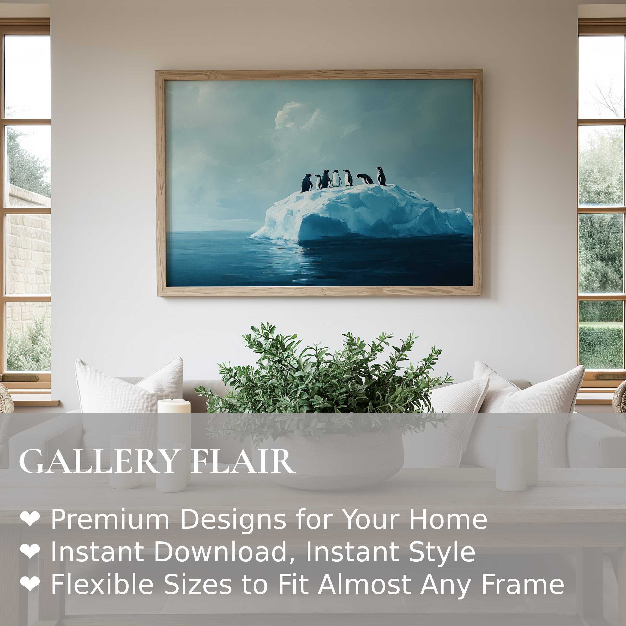 Bold street art wall art print featuring penguins on an iceberg, radiating calm and cool vibes Modern, minimalist living space enhanced with serene coastal tones and natural wood accents, creating a tranquil yet striking focal point Perfect for style-conscious decor lovers seeking unique urban-inspired statement pieces