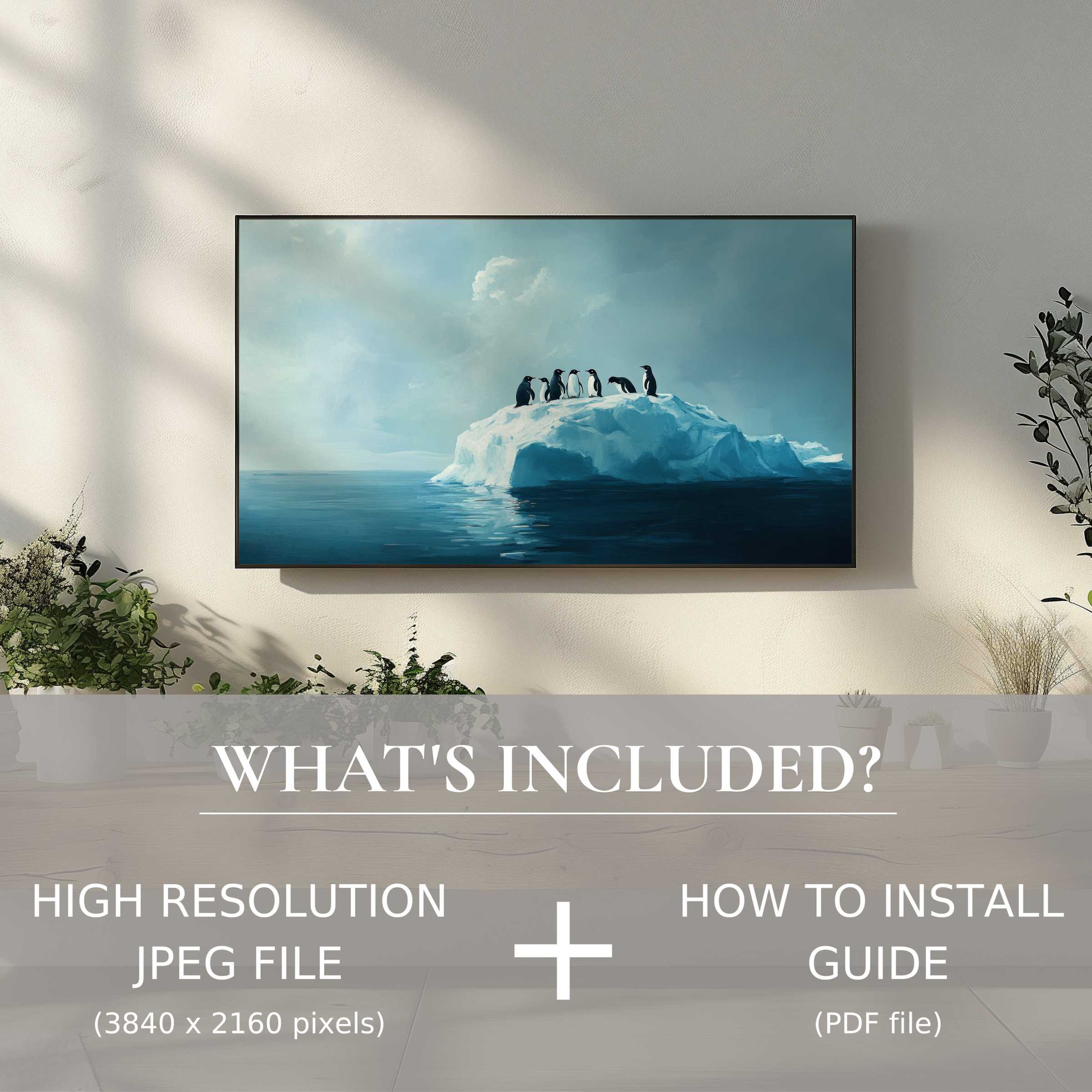 Elegant living with street art digital TV art download, effortless use enhancing spaces with serene penguin ice scene