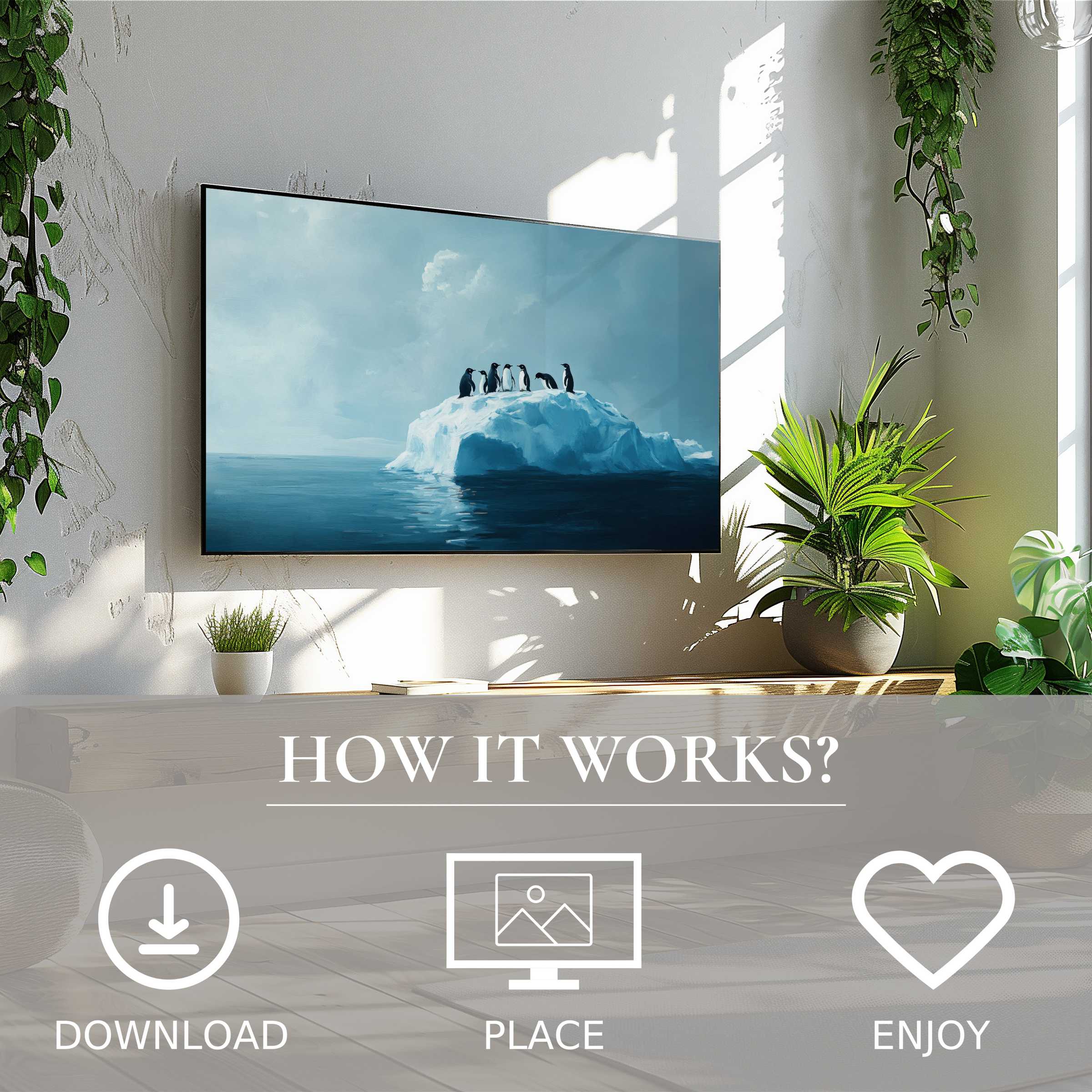 Modern living with street art for Samsung TV, easy digital download shows calm iceberg motif enriching bright spaces