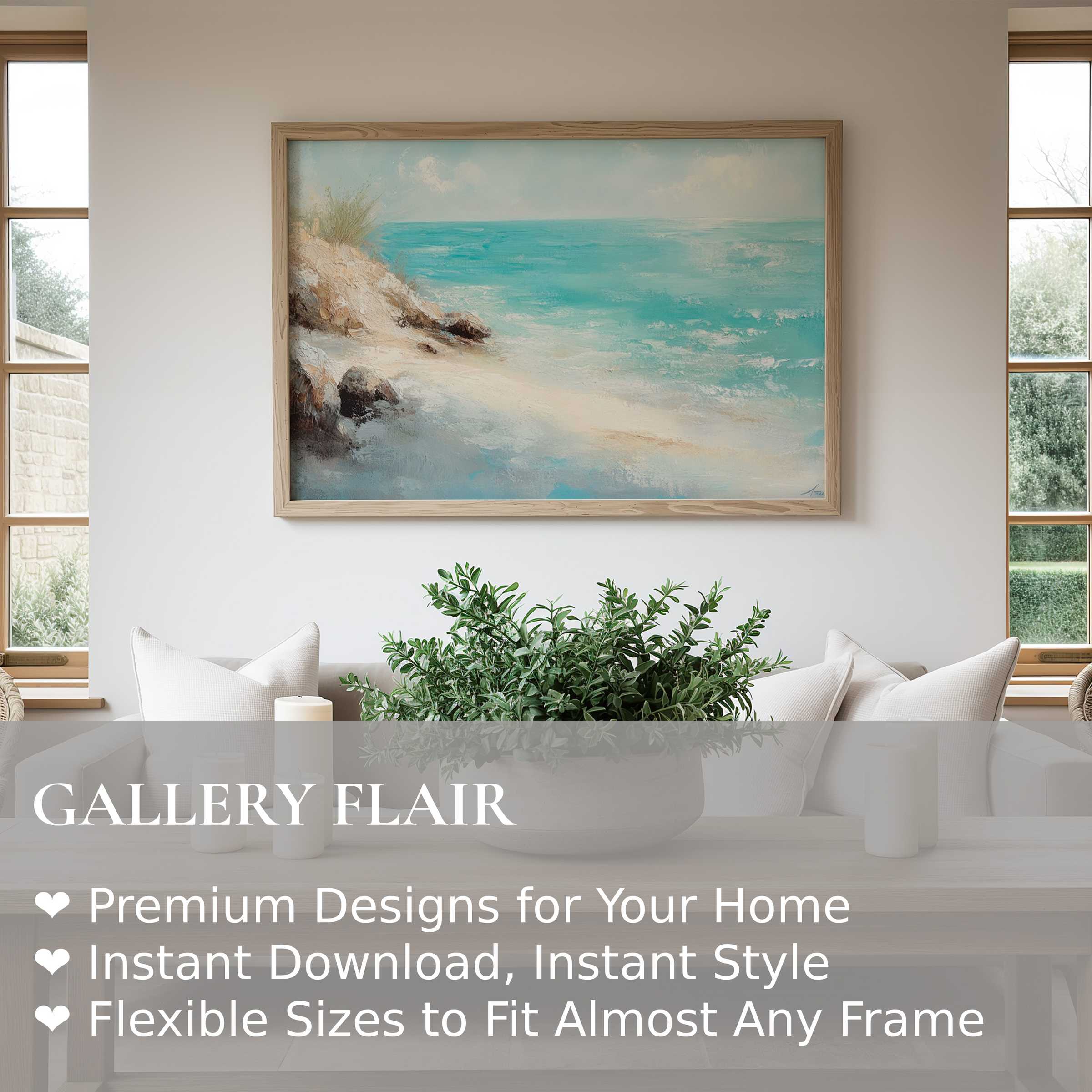 Vintage wall art print capturing a serene coastal scene in soft, radiant tones Enhances modern, minimalist interiors with calming, natural elegance