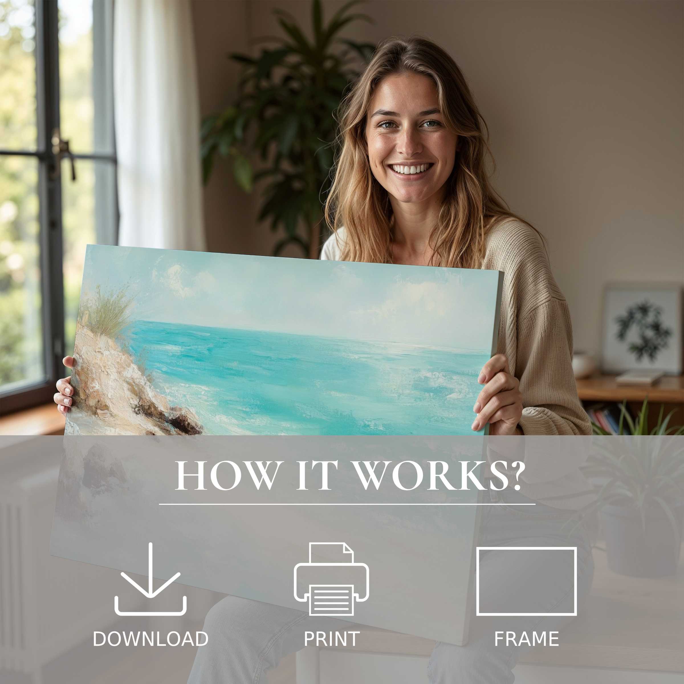 Refined woman radiates joy in a sunlit modern home, embracing vintage digital art print’s serene coastal hues and effortless elegance