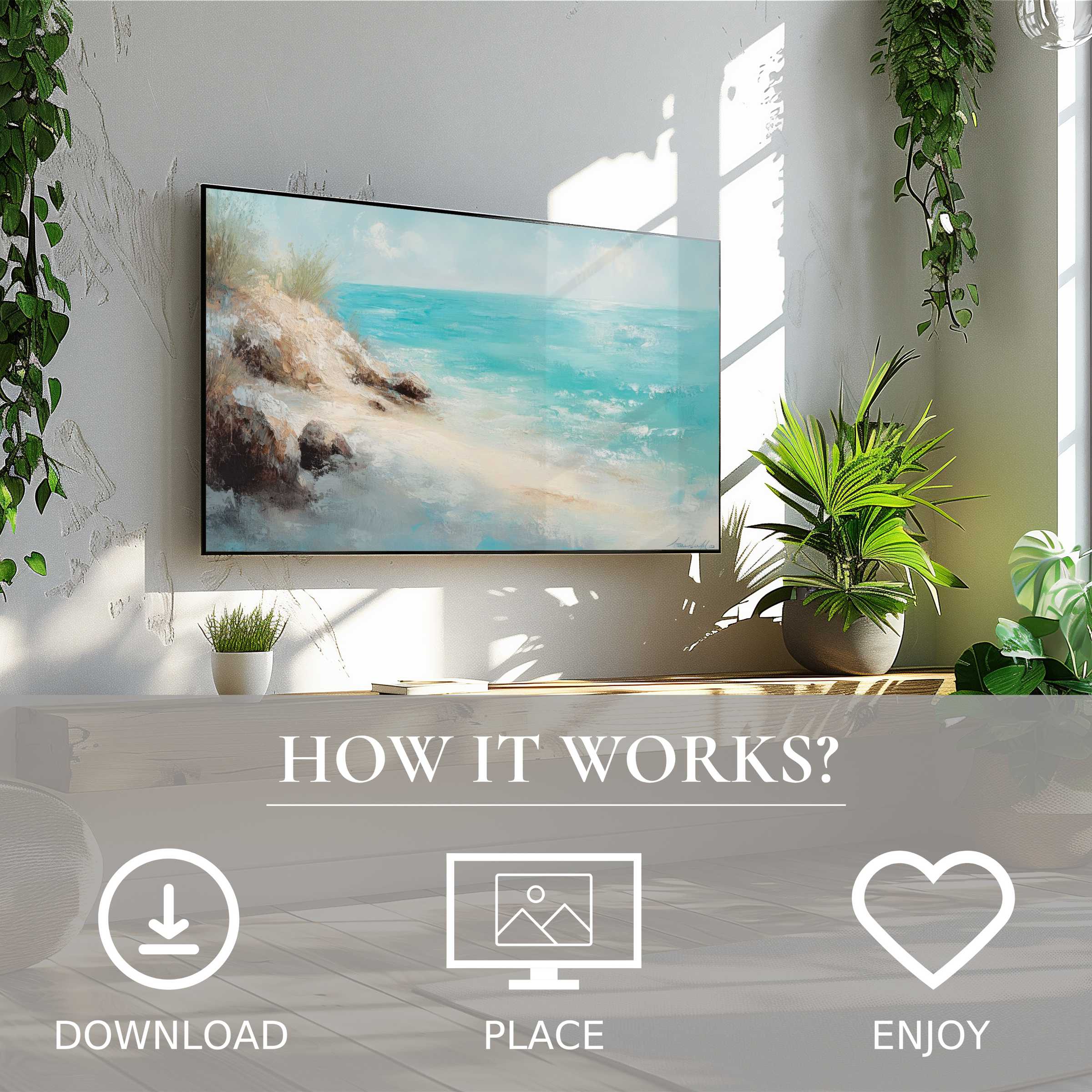 Vintage art for Samsung TV shows soft coastal tones; easy digital download enhances any modern living space