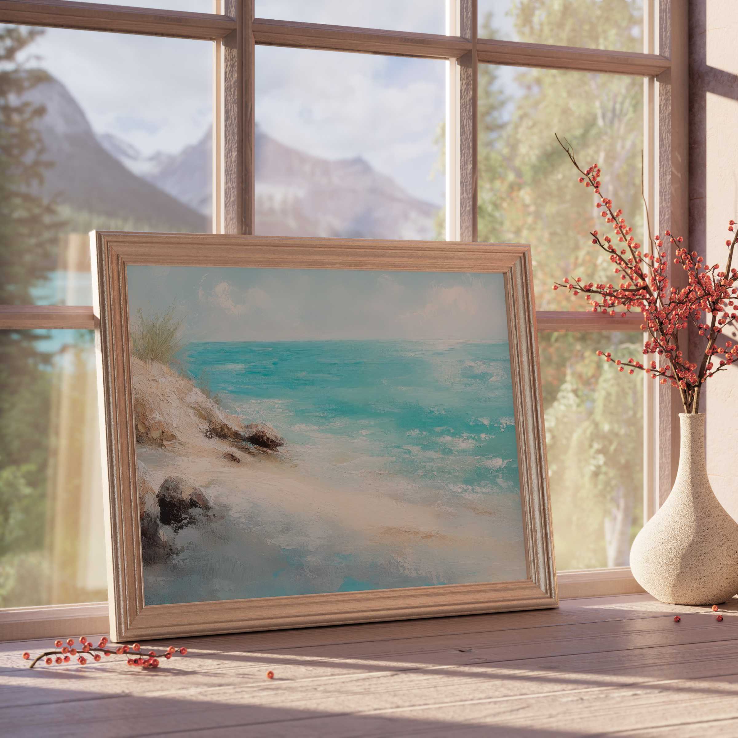 Vintage downloadable art capturing a serene coastal scene in soft blues and sandy neutrals, perfect for calm, curated interiors