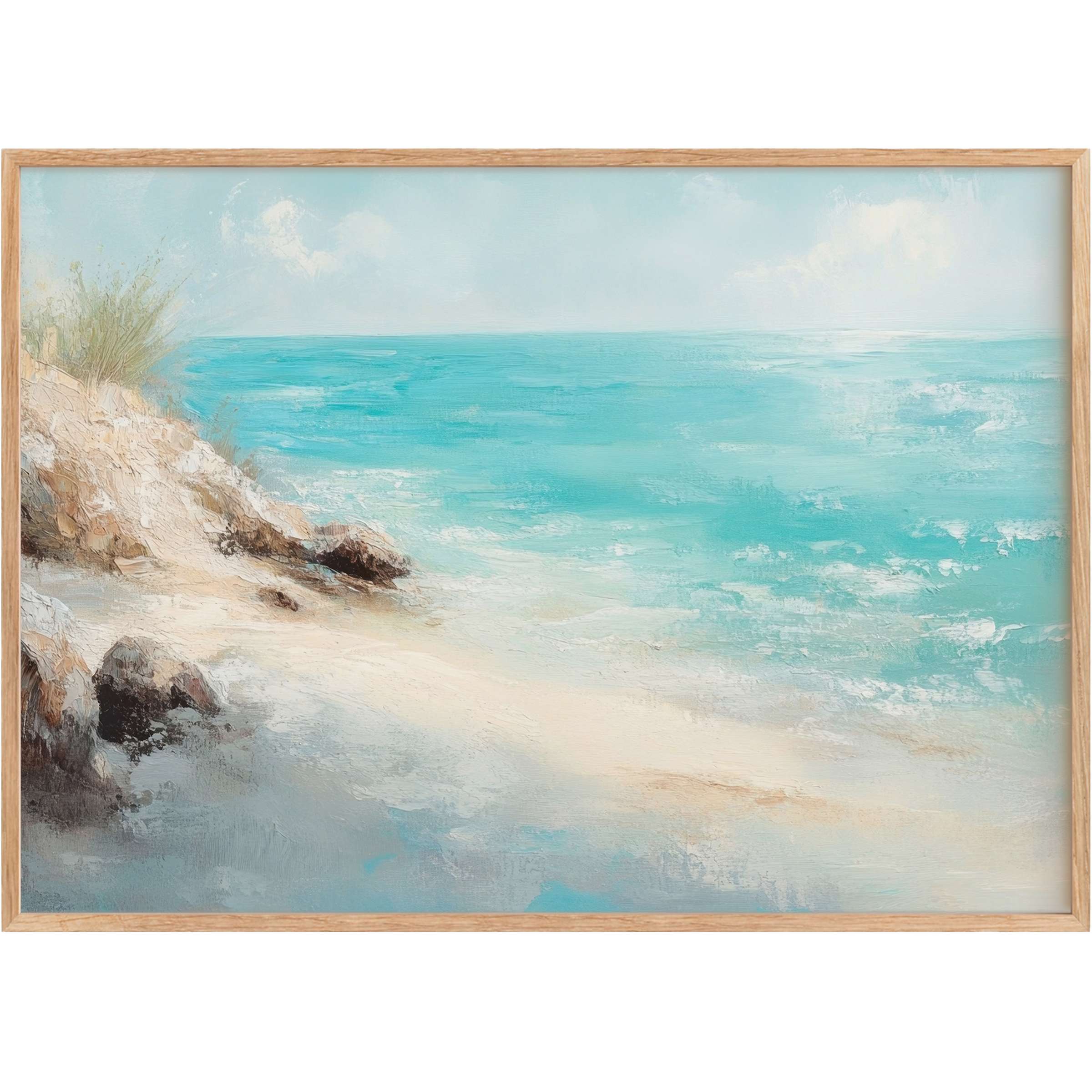 Vintage printable wall art capturing a serene coastal scene in soft blues and sandy neutrals, evoking calm and timeless elegance