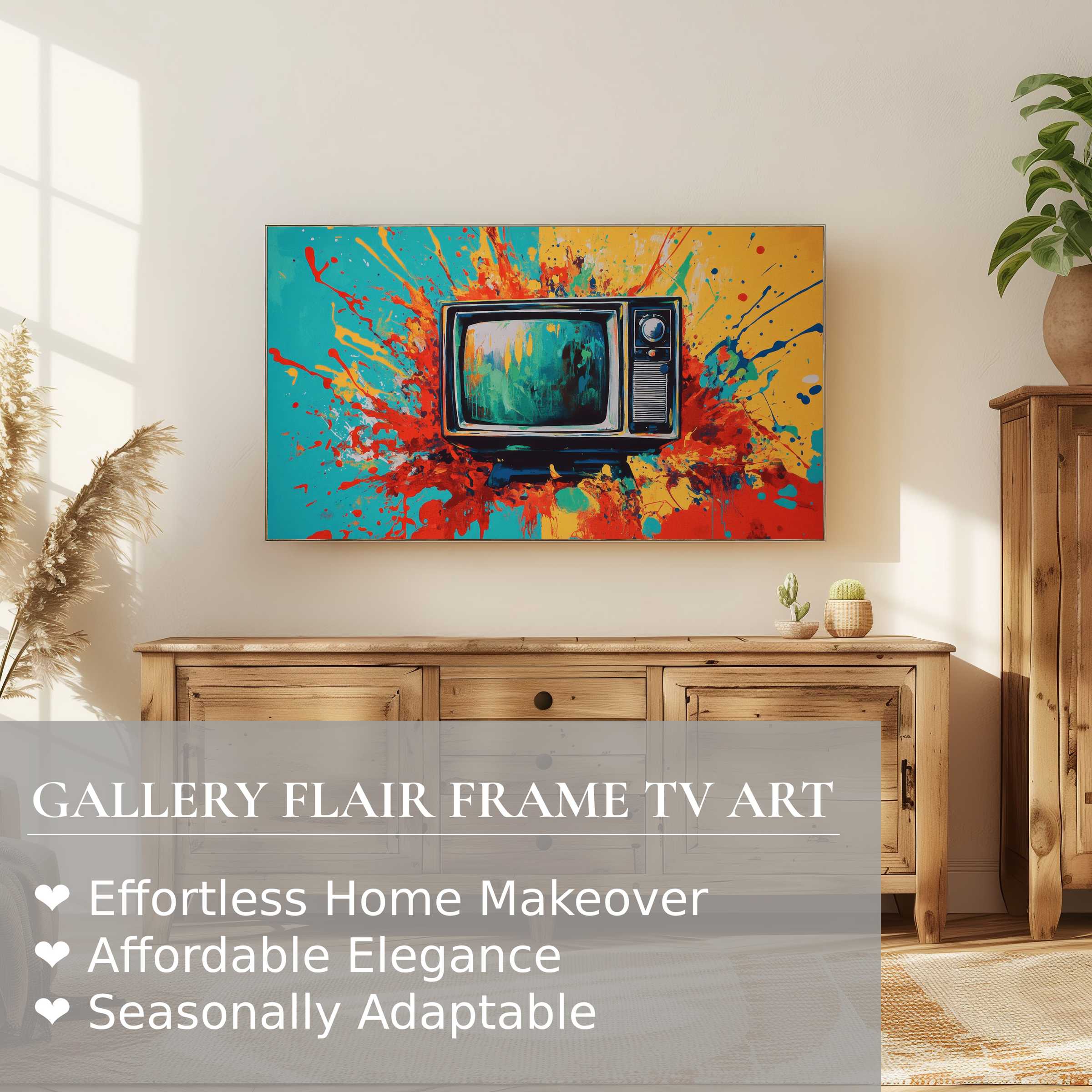 Samsung Frame TV showcasing pop art digital artwork with bold colors in a modern, elegant living space