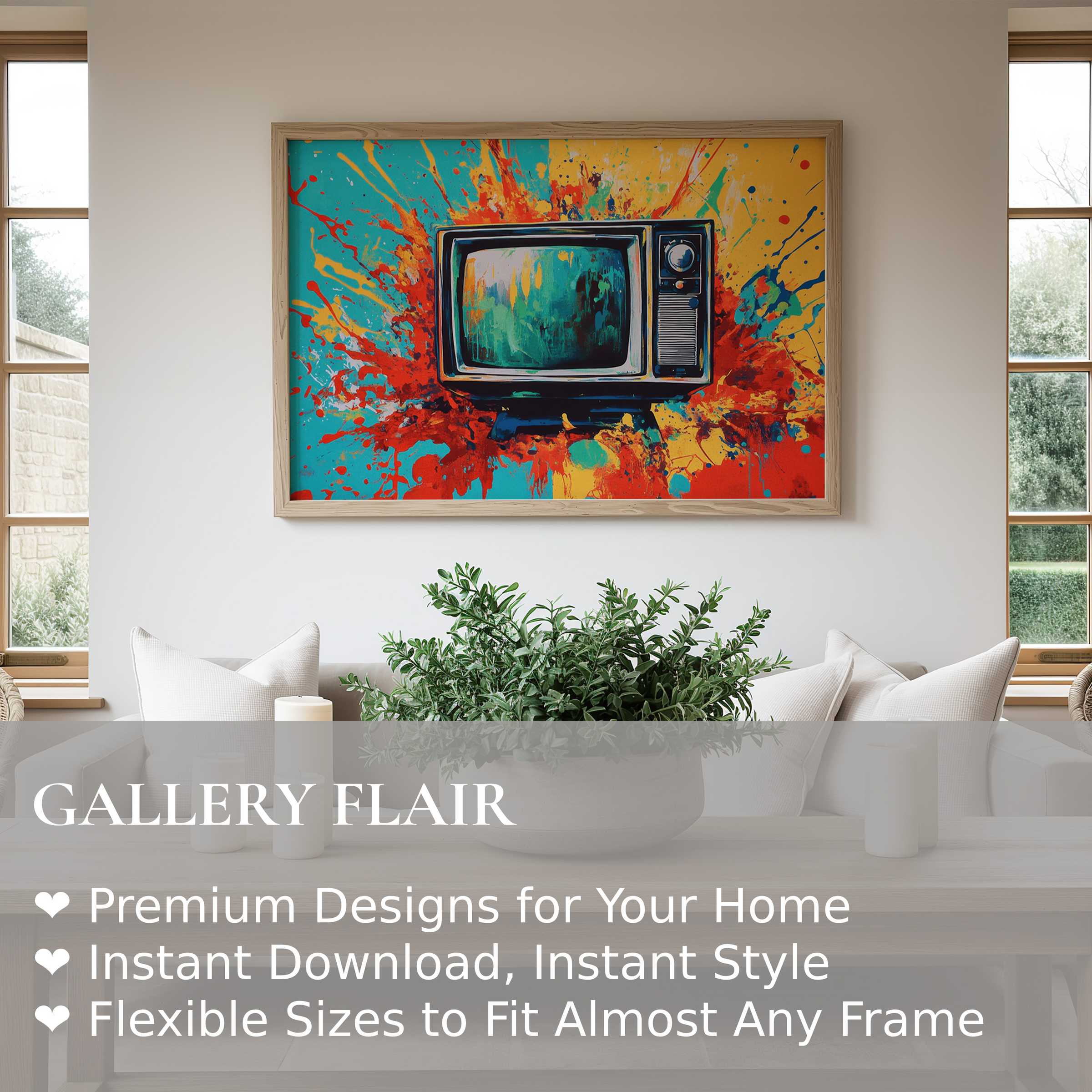 Bold pop art wall art print featuring a vintage TV with vibrant paint splashes, perfect for modern minimalist interiors