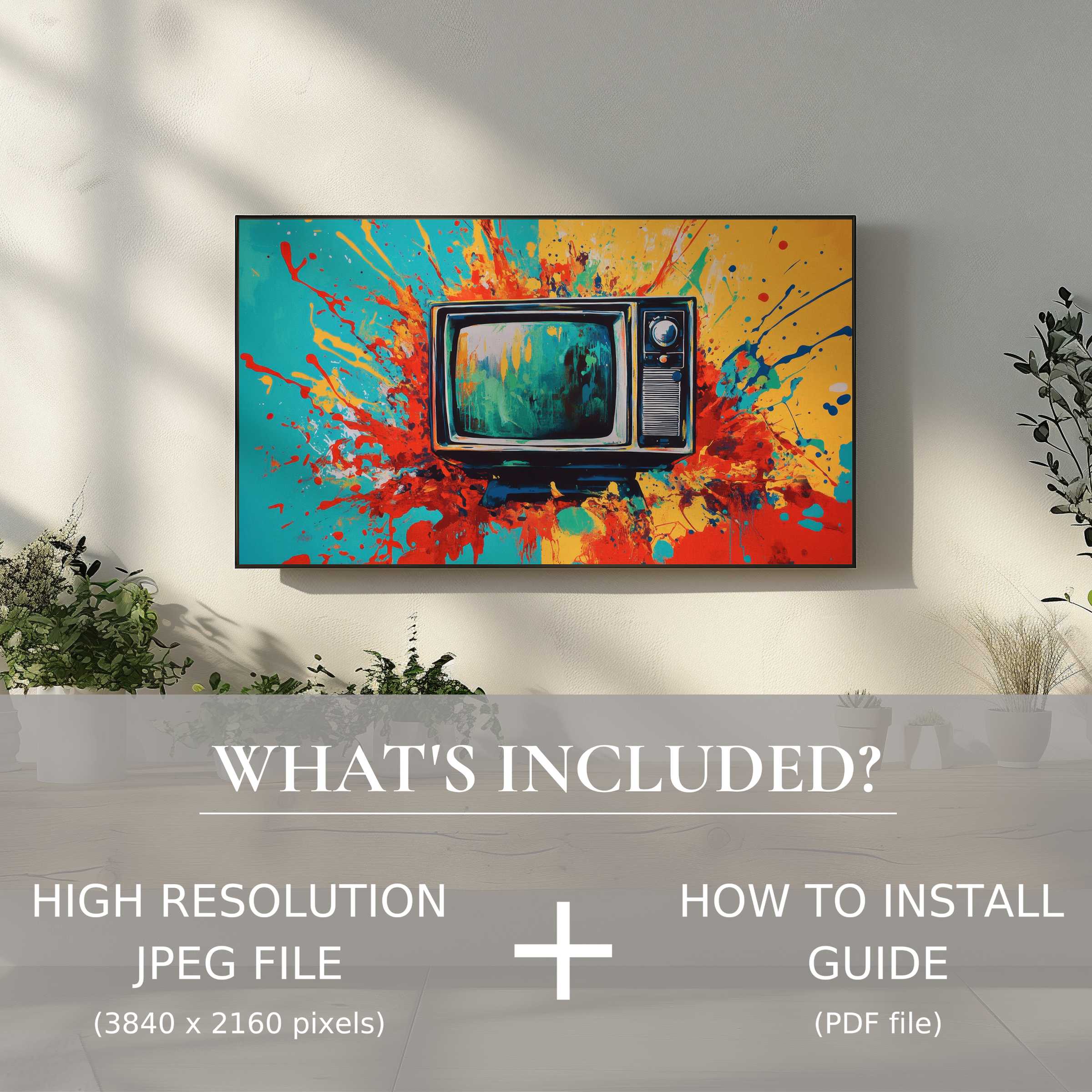 Elegant living room with vibrant pop art digital TV art download, easy to use, elevates modern home decor beautifully