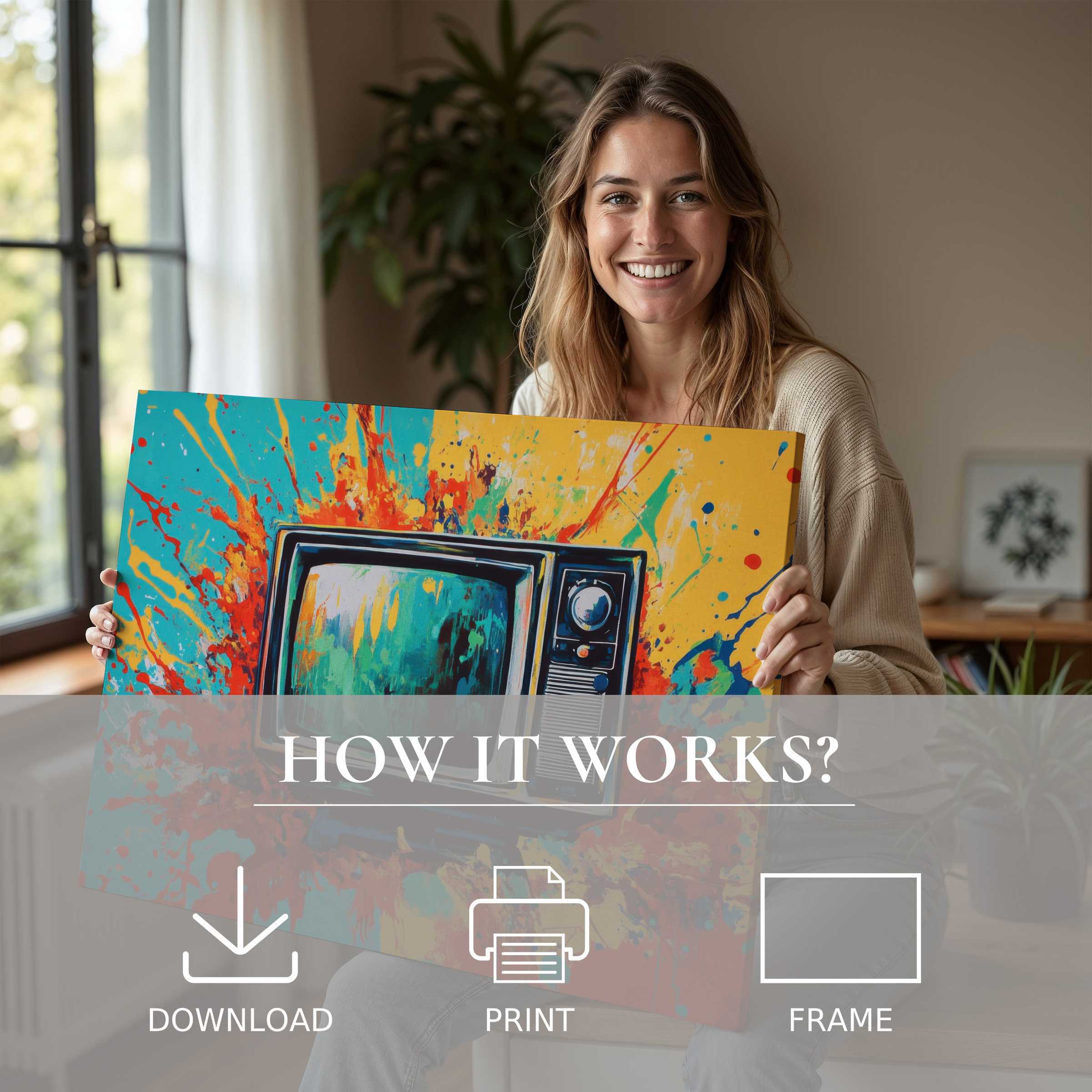 Radiant pop art digital art print brightens a modern home, embodying joy and effortless elegance in curated living spaces