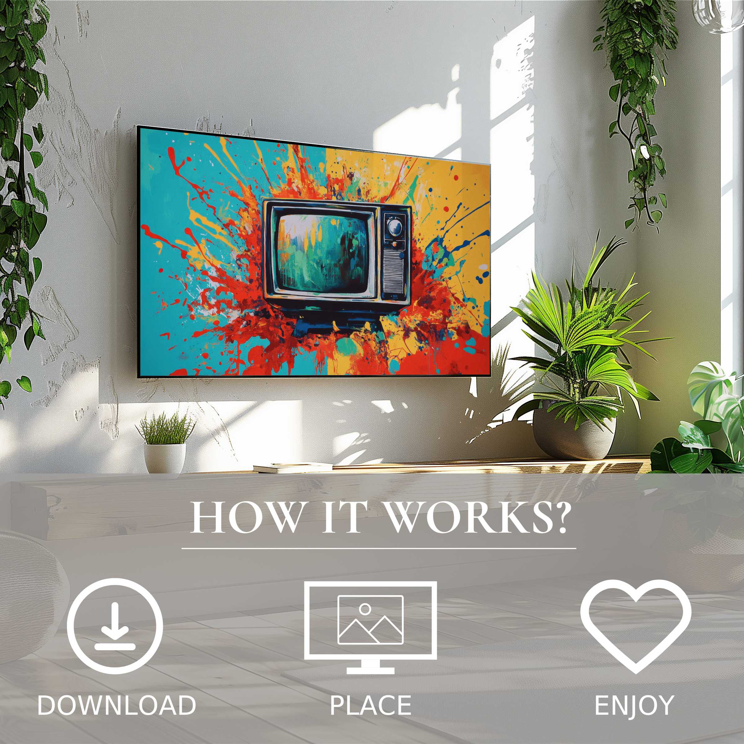 Pop art art for Samsung TV with vibrant color splash motif, easy digital download to enhance stylish living spaces