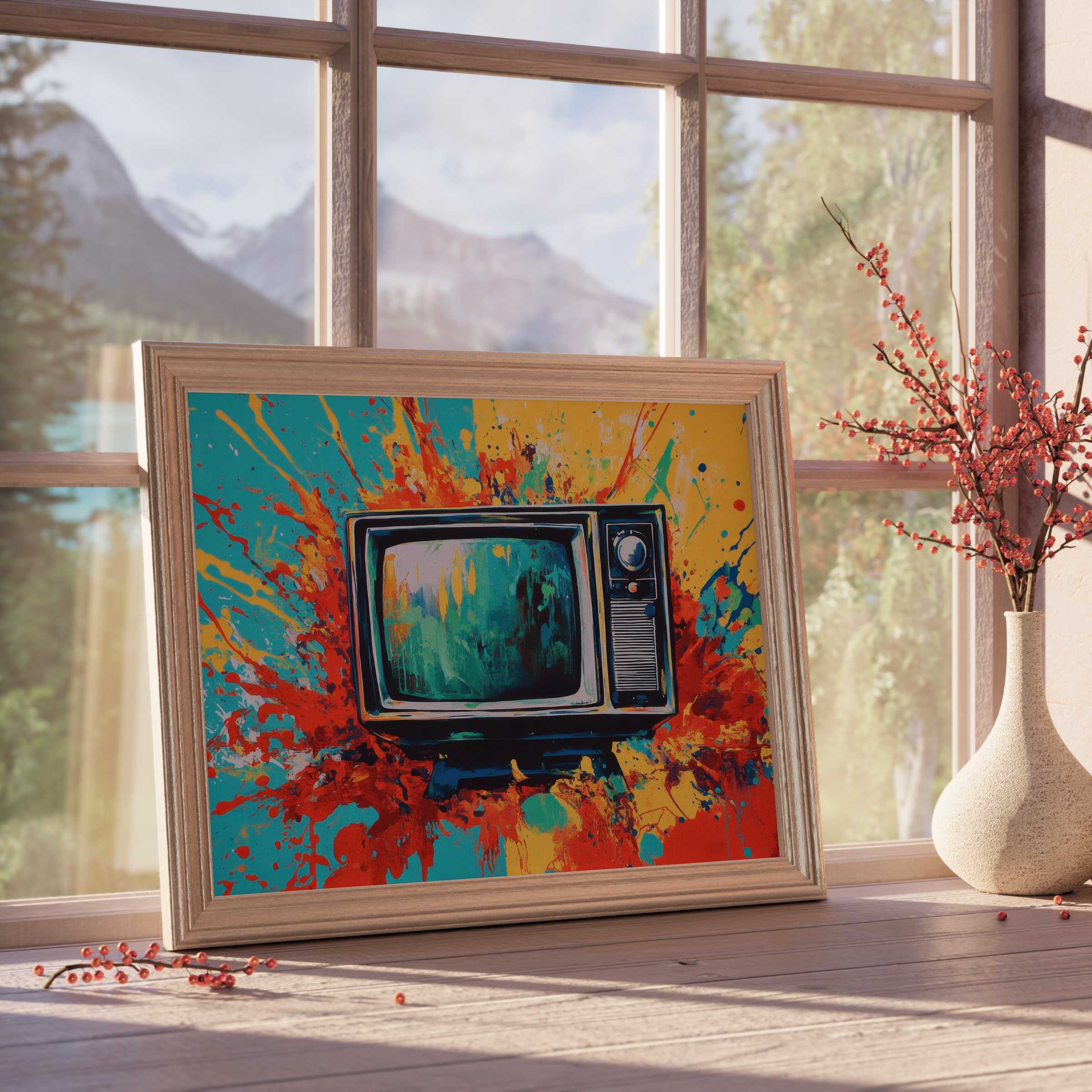 Vibrant pop art downloadable art featuring a retro TV, bursting with bold splashes of turquoise, orange, and red-perfect for elevating curated, modern interiors with dynamic energy and playful nostalgia