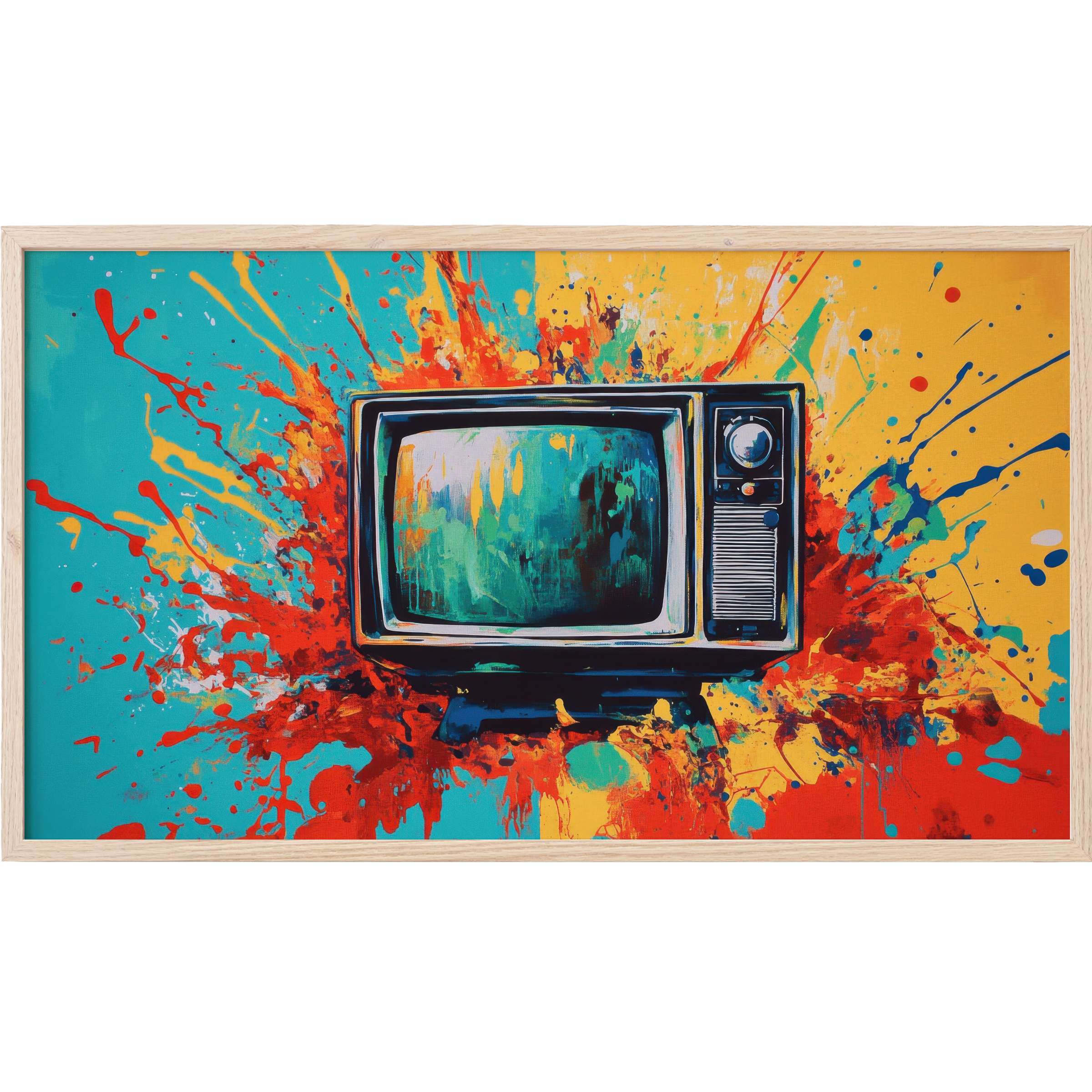 Pop art Frame TV Art with vibrant teal, orange, red splashes surrounding a retro television in bold, dynamic style