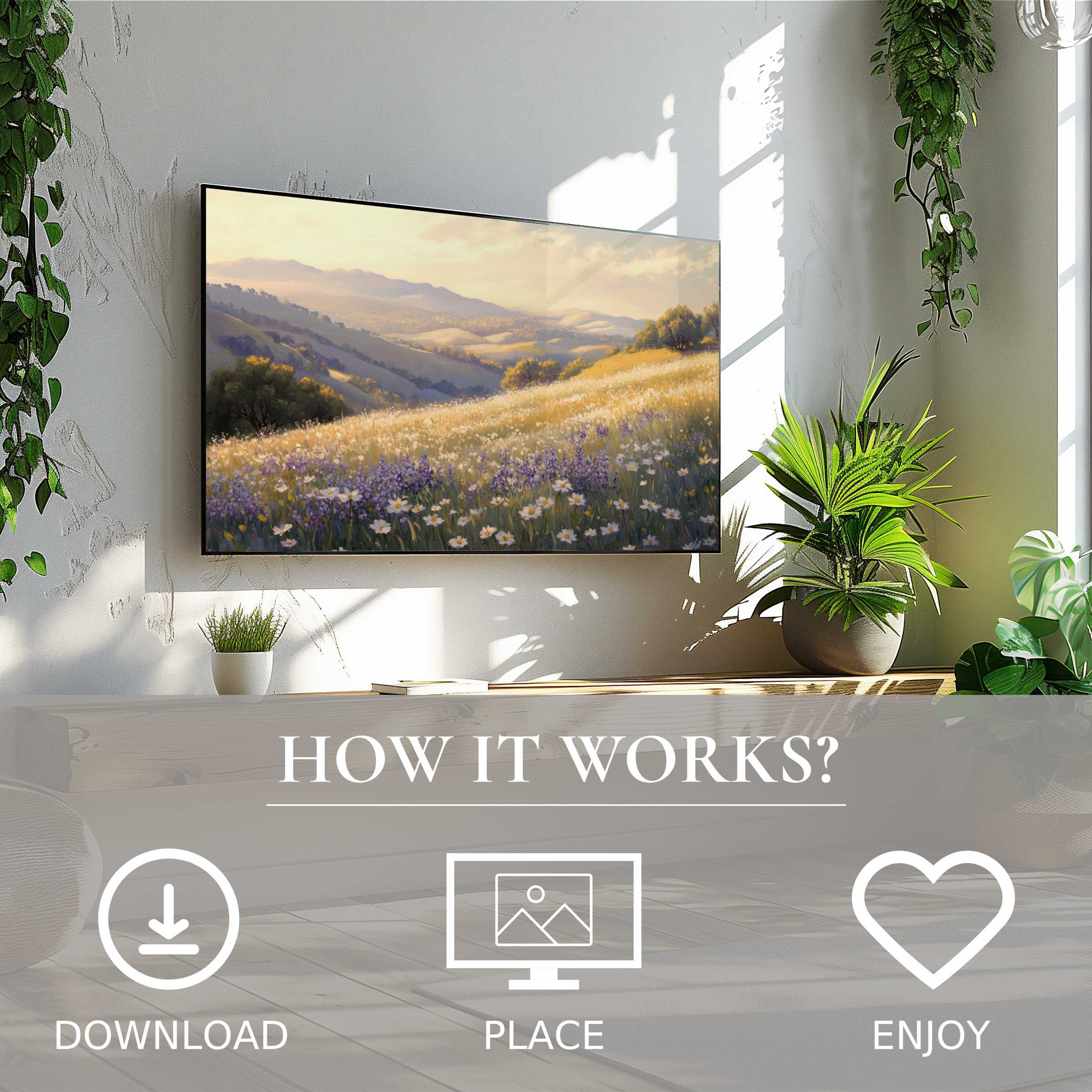 Bright living room with plants, landscape art for Samsung TV showing soft sunset tones, easy digital download
