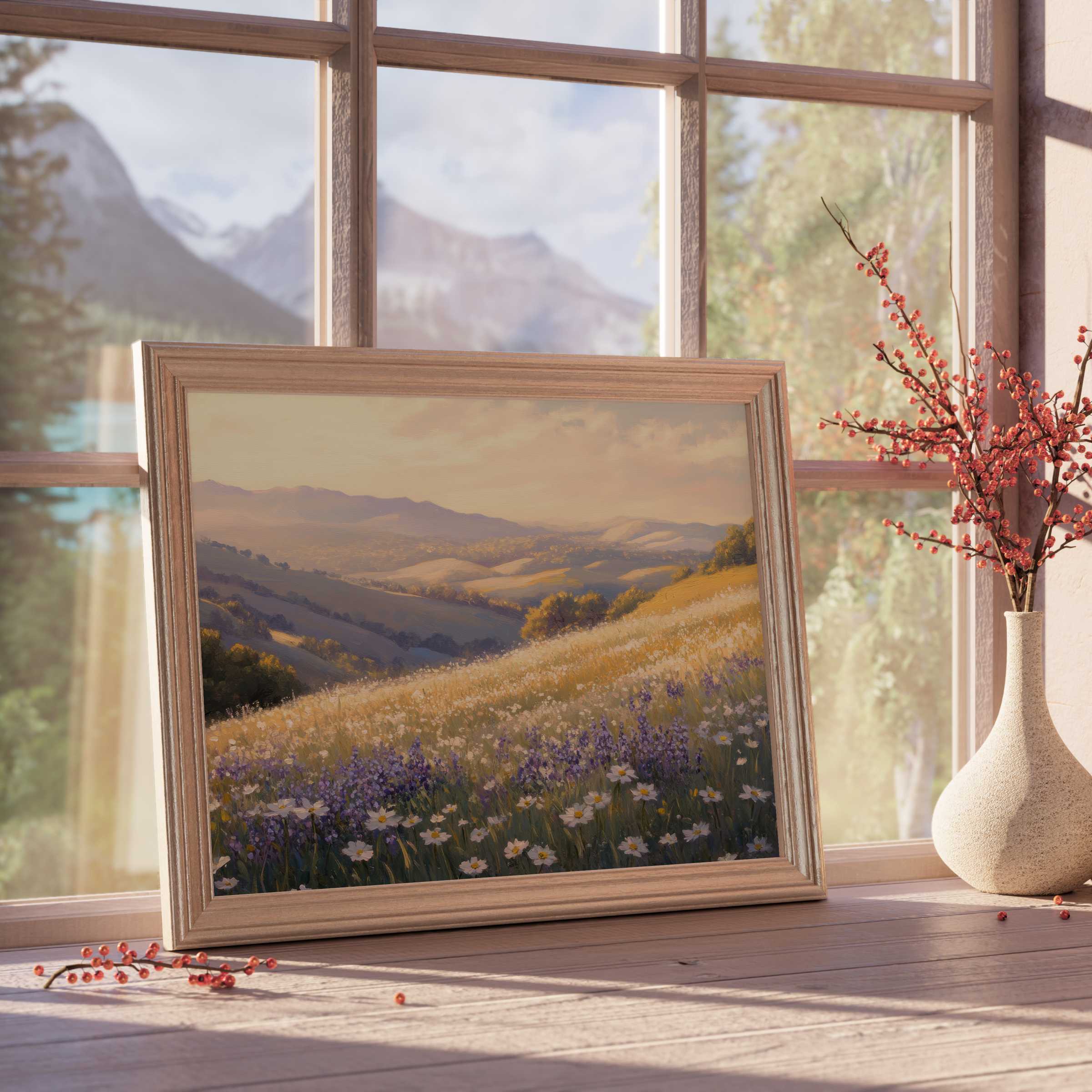 Golden light bathes a serene hillside meadow in this landscape downloadable art, enriching tranquil, design-forward interiors with graceful natural beauty