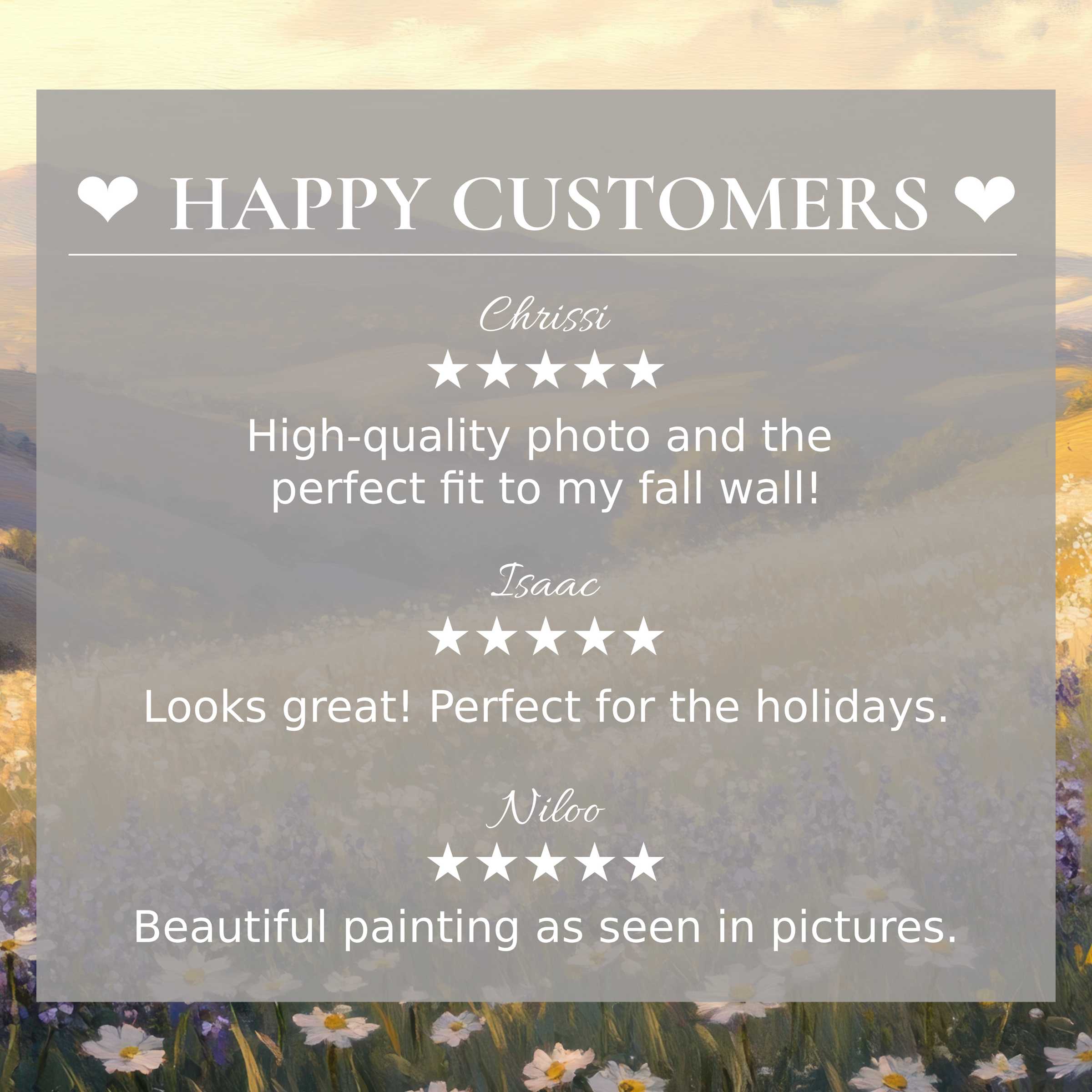 Elegant landscape art for Frame TV with soft sunset hues; layout builds trust featuring happy customer reviews
