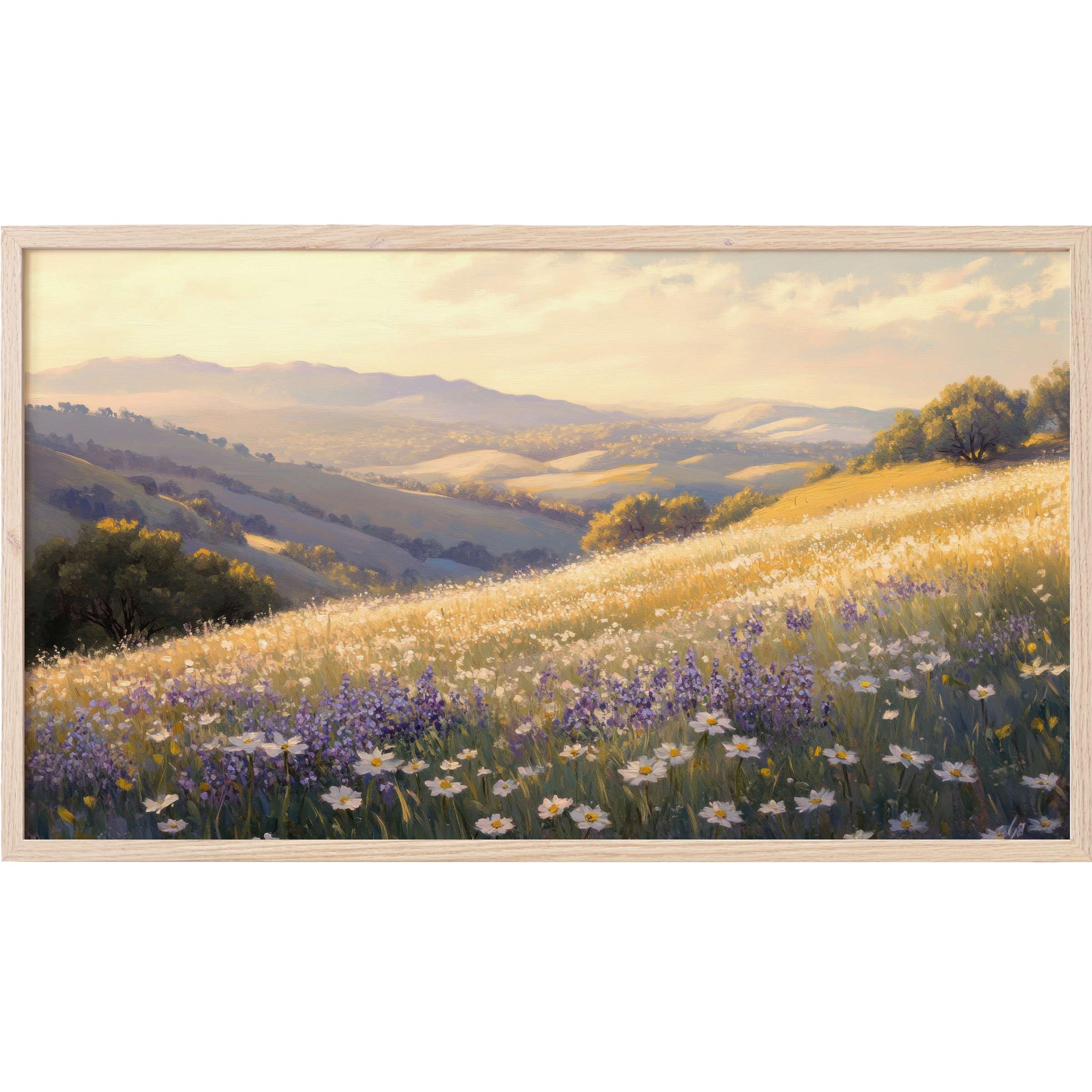 Serene wildflower meadow at golden hour with soft purples and golds in a landscape Frame TV Art